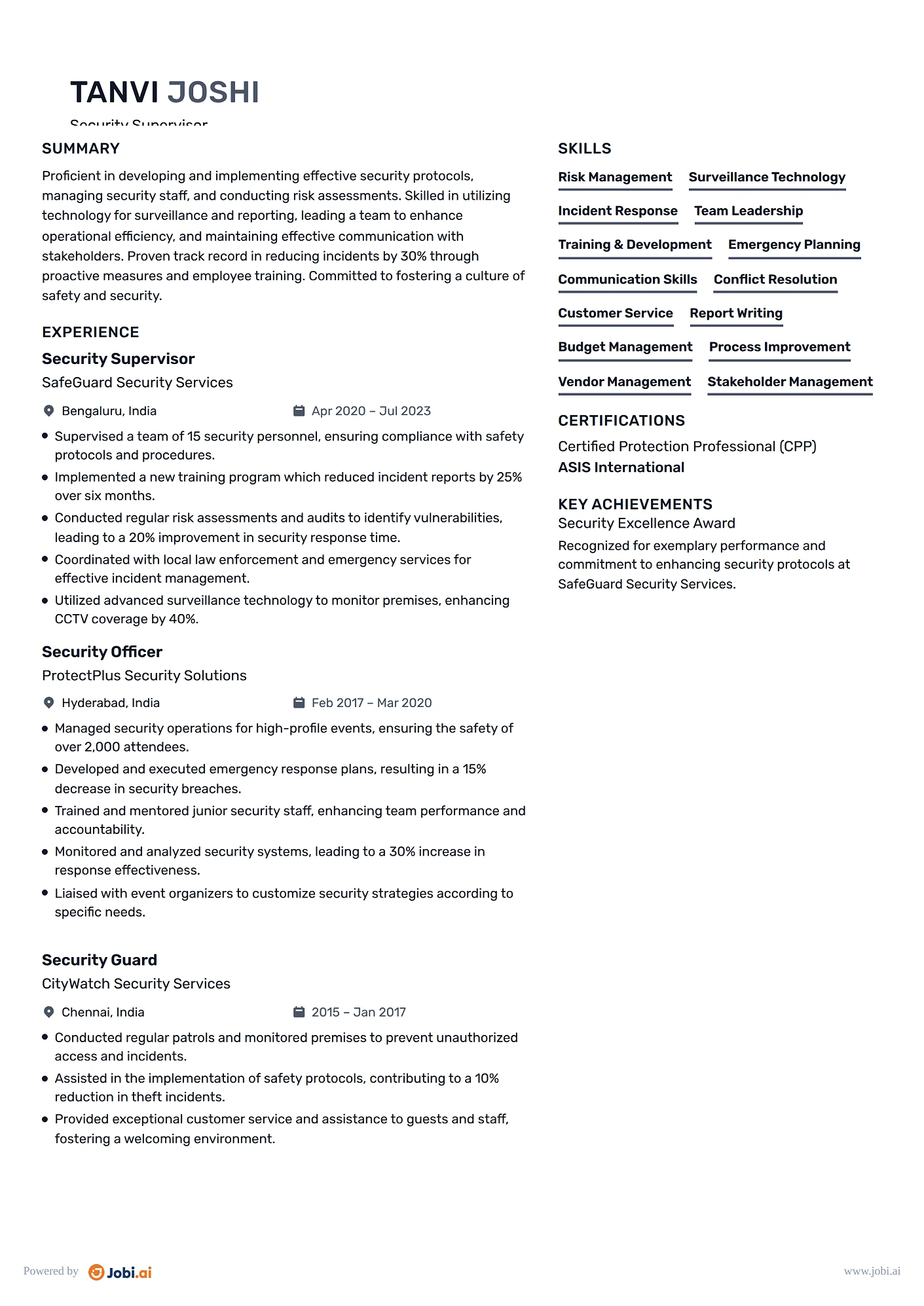 Security Guard resume example — Security Supervisor