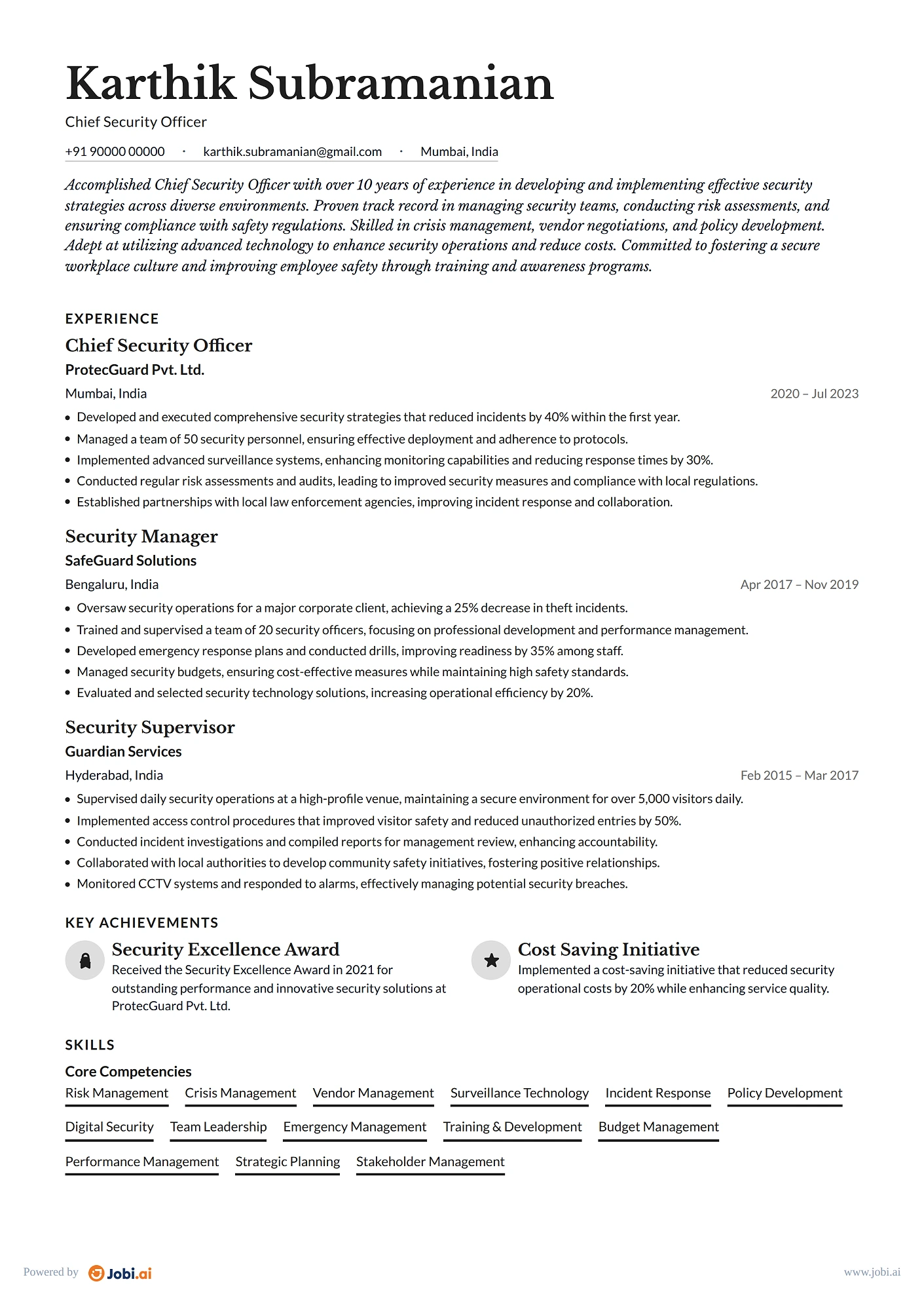 Security Guard resume example — Chief Security Officer