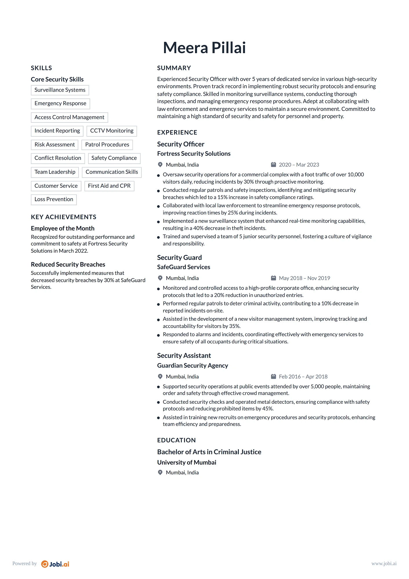 Security Guard resume example — Security Officer