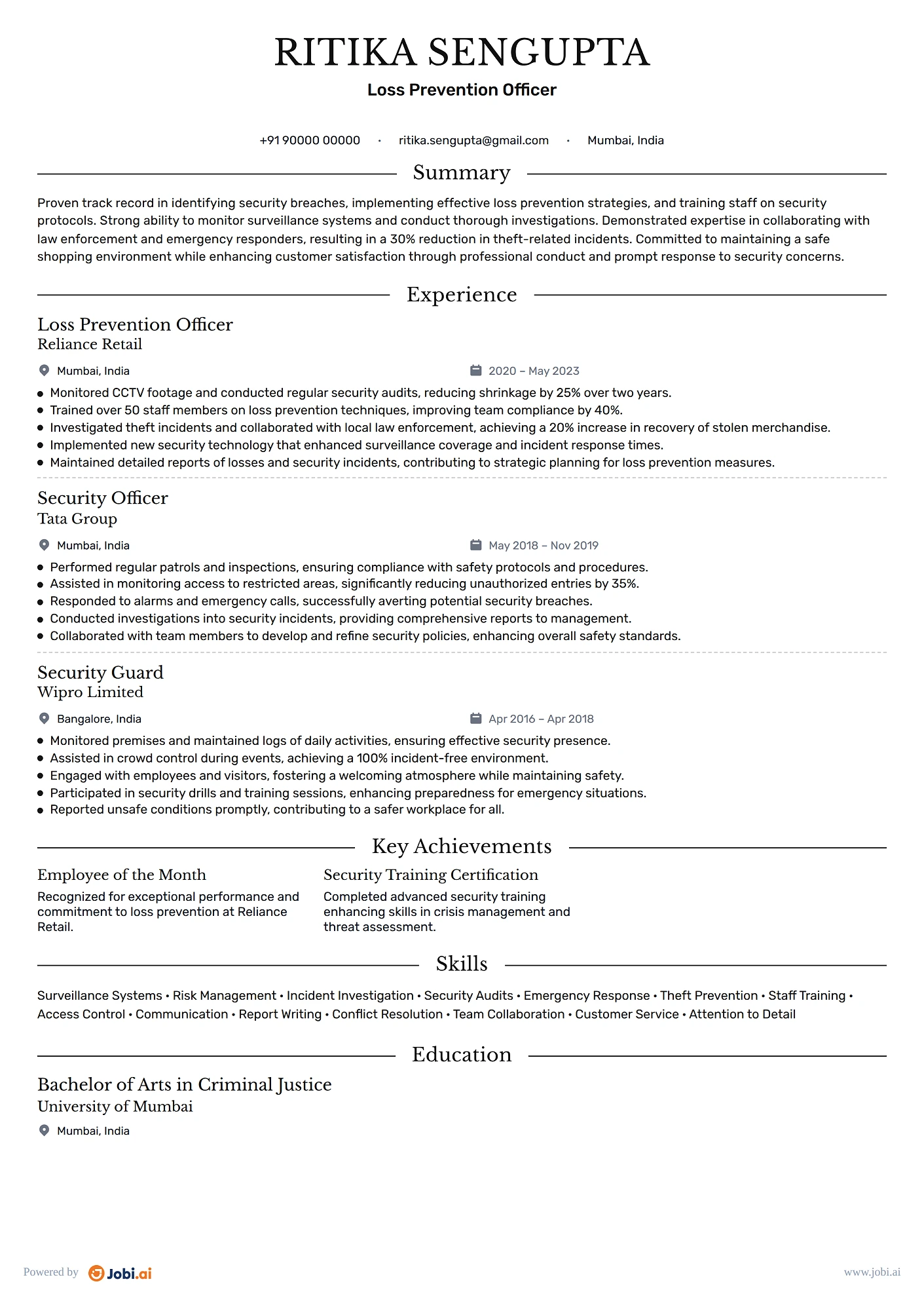 Security Guard resume example — Loss Prevention Officer