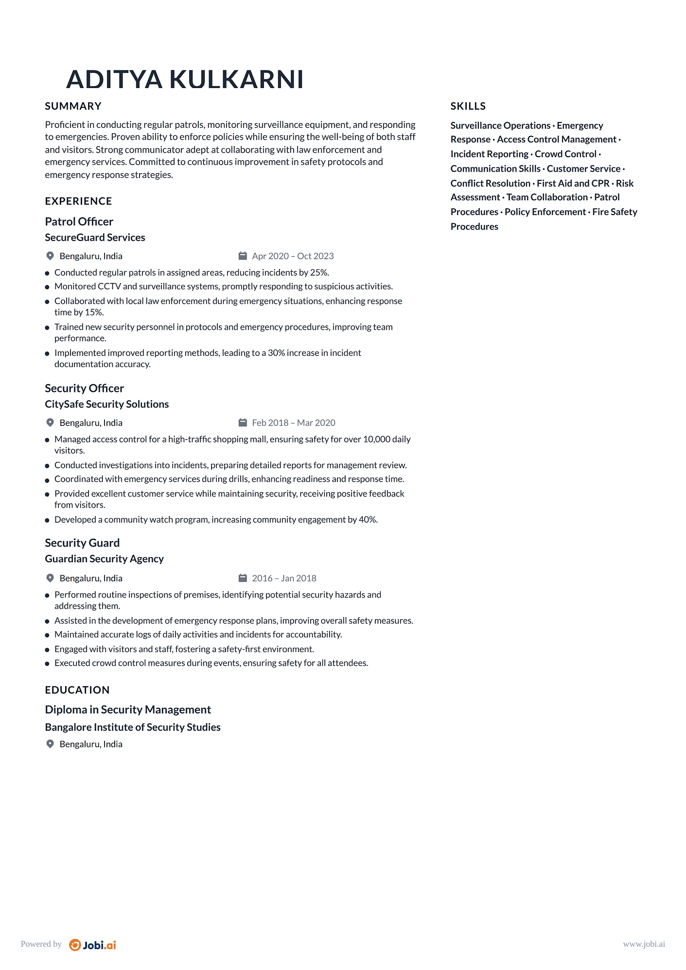 Security Guard resume example — Patrol Officer