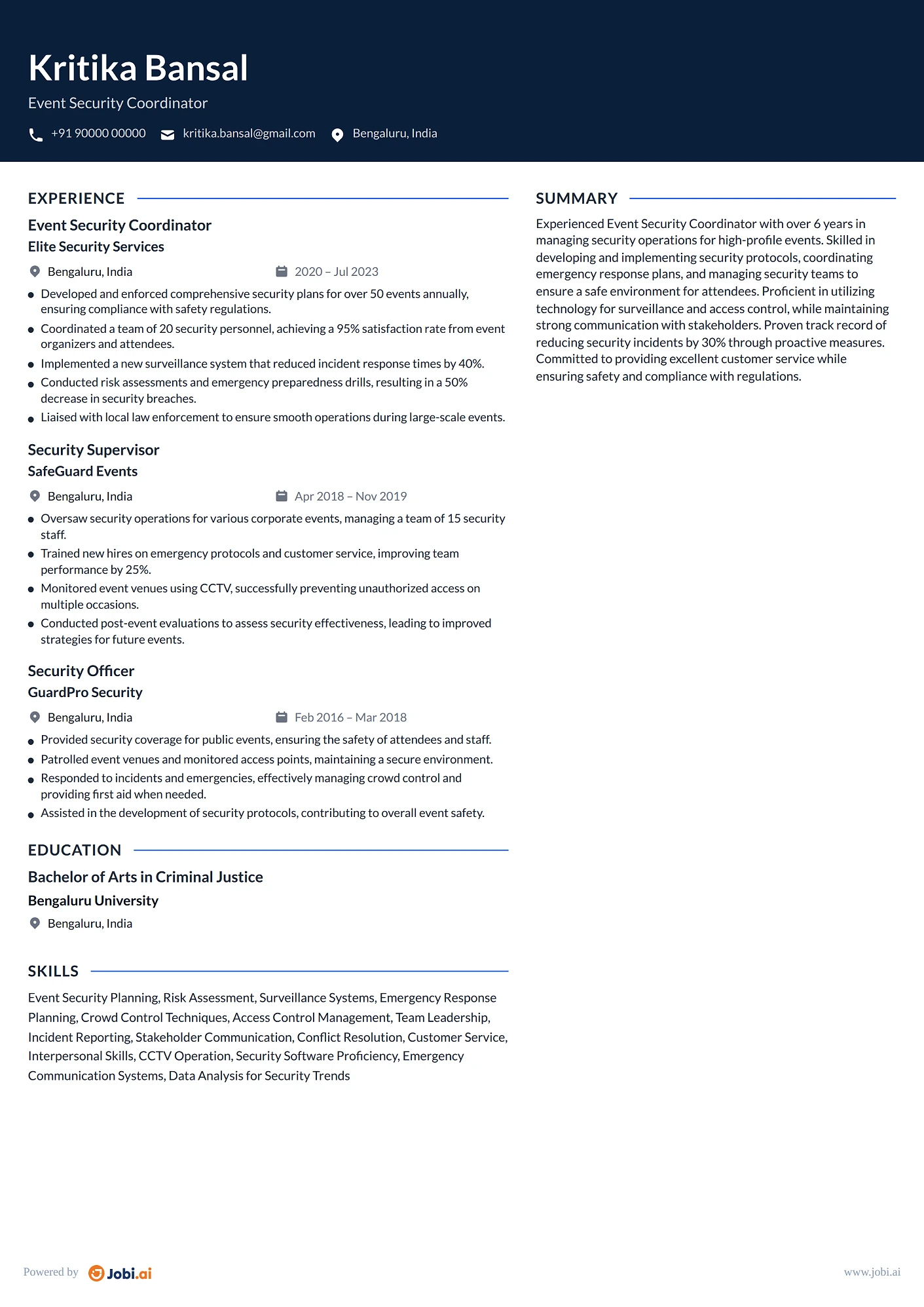 Security Guard resume example — Event Security Coordinator