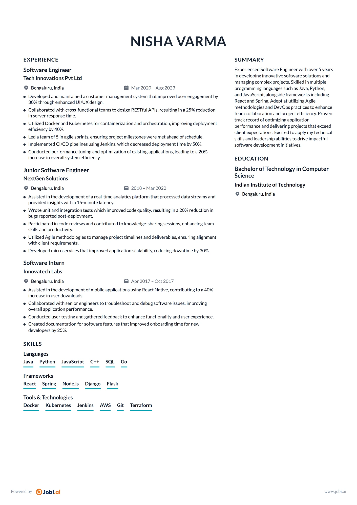 Senior Software Engineer resume example — Software Engineer