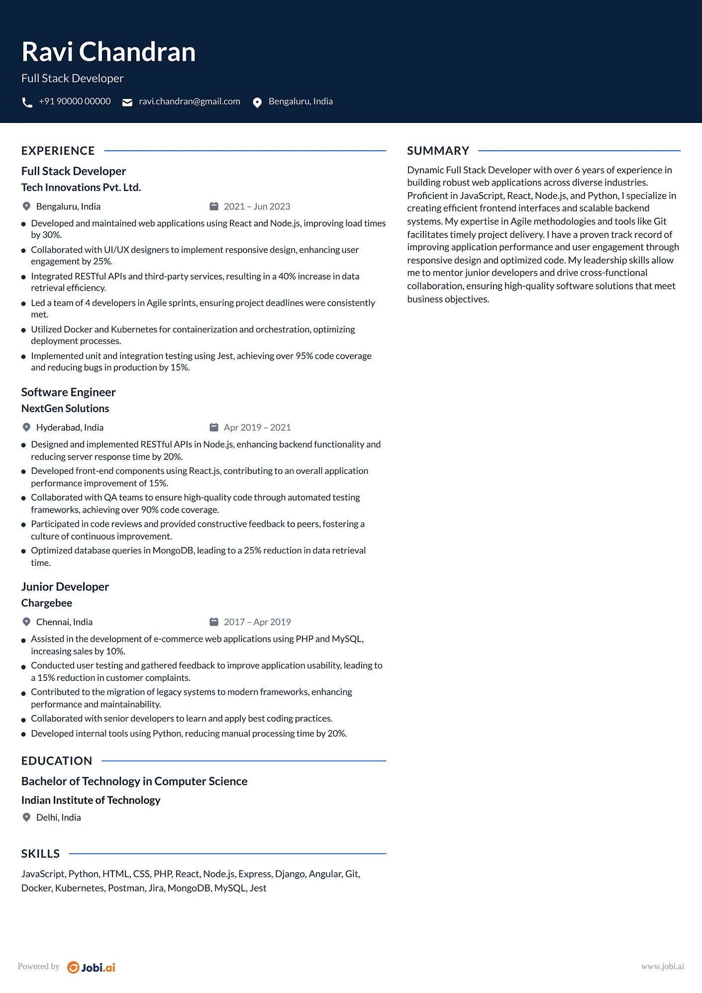 Senior Software Engineer resume example — Full Stack Developer