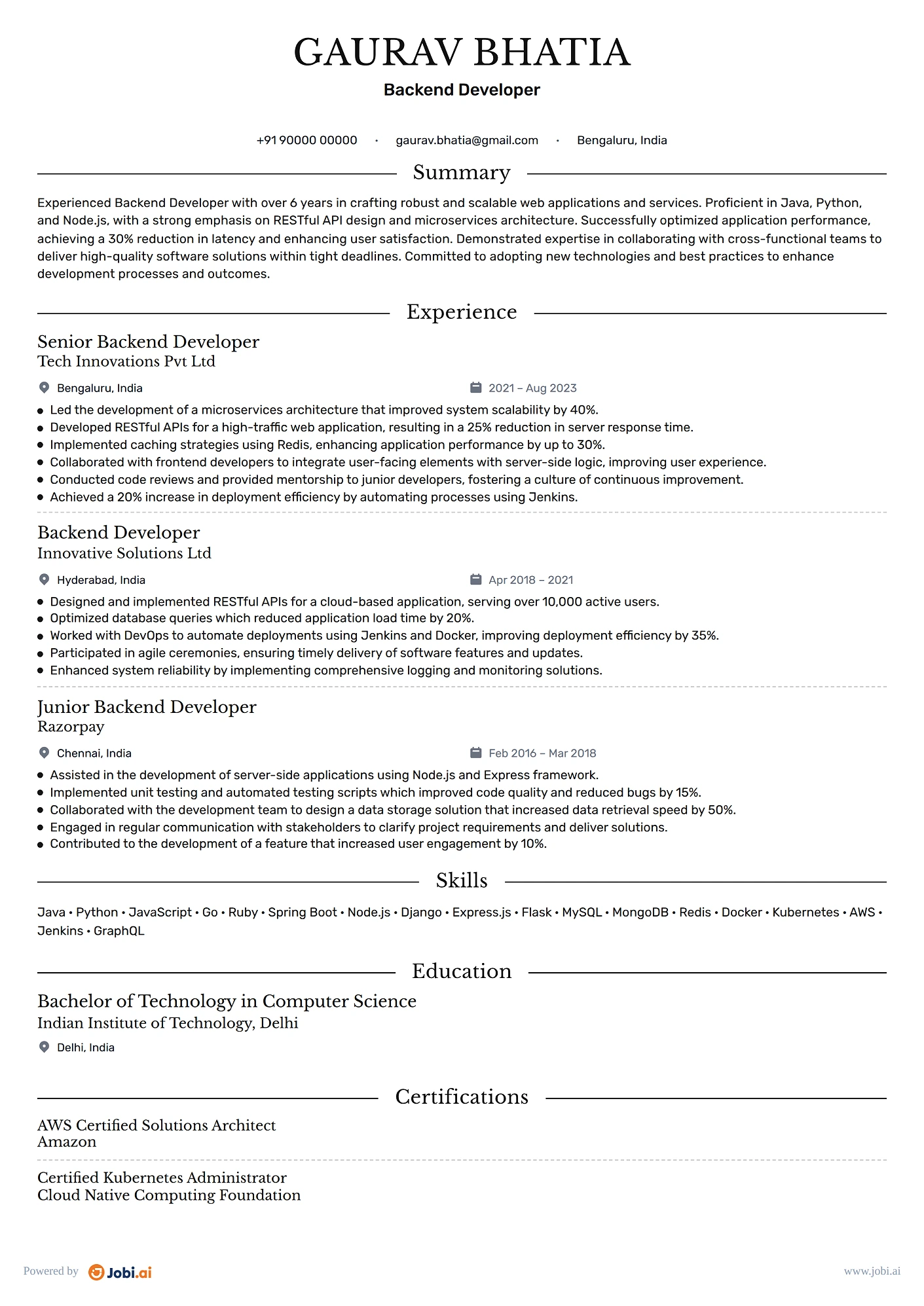 Senior Software Engineer resume example — Backend Developer