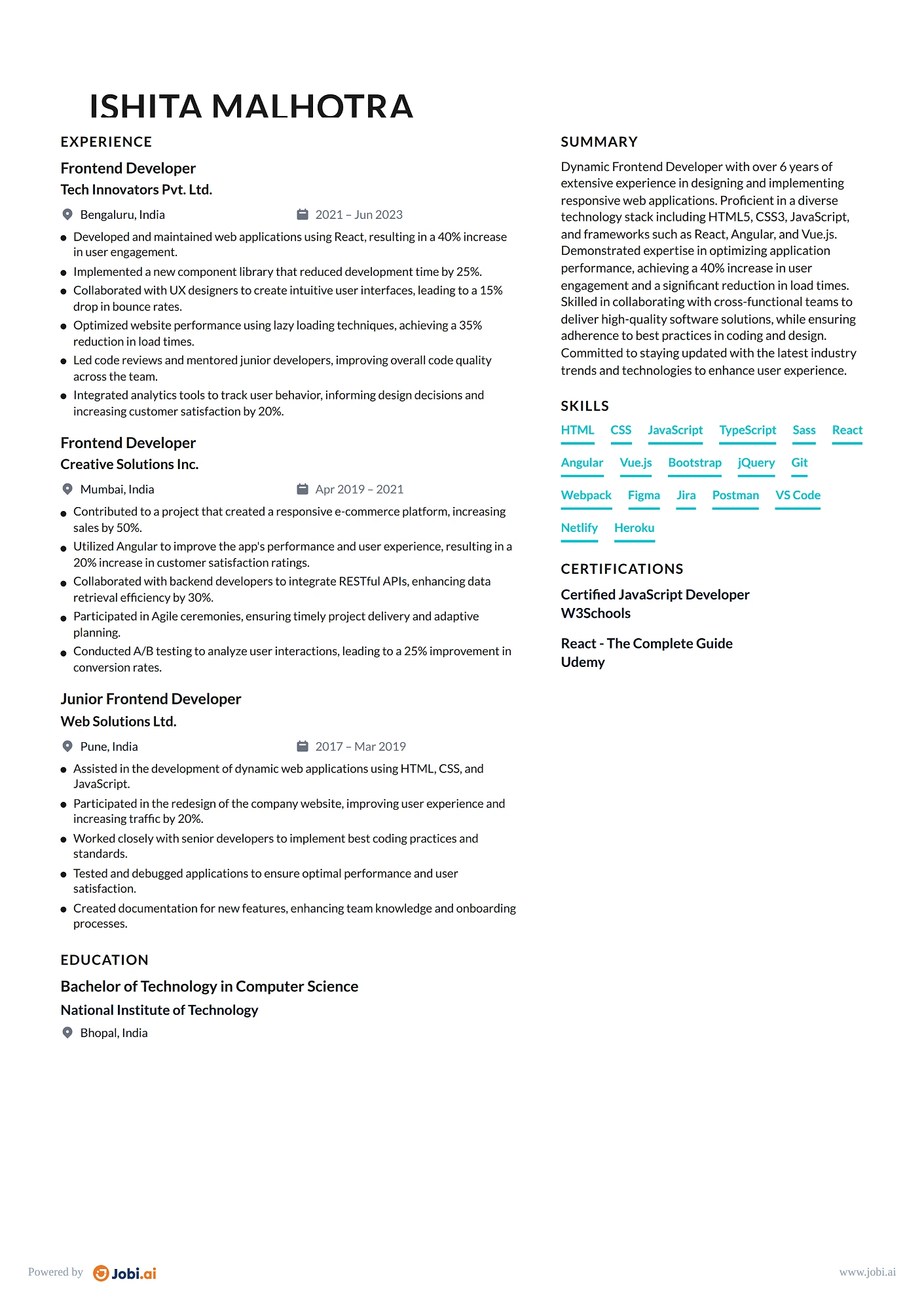 Senior Software Engineer resume example — Frontend Developer