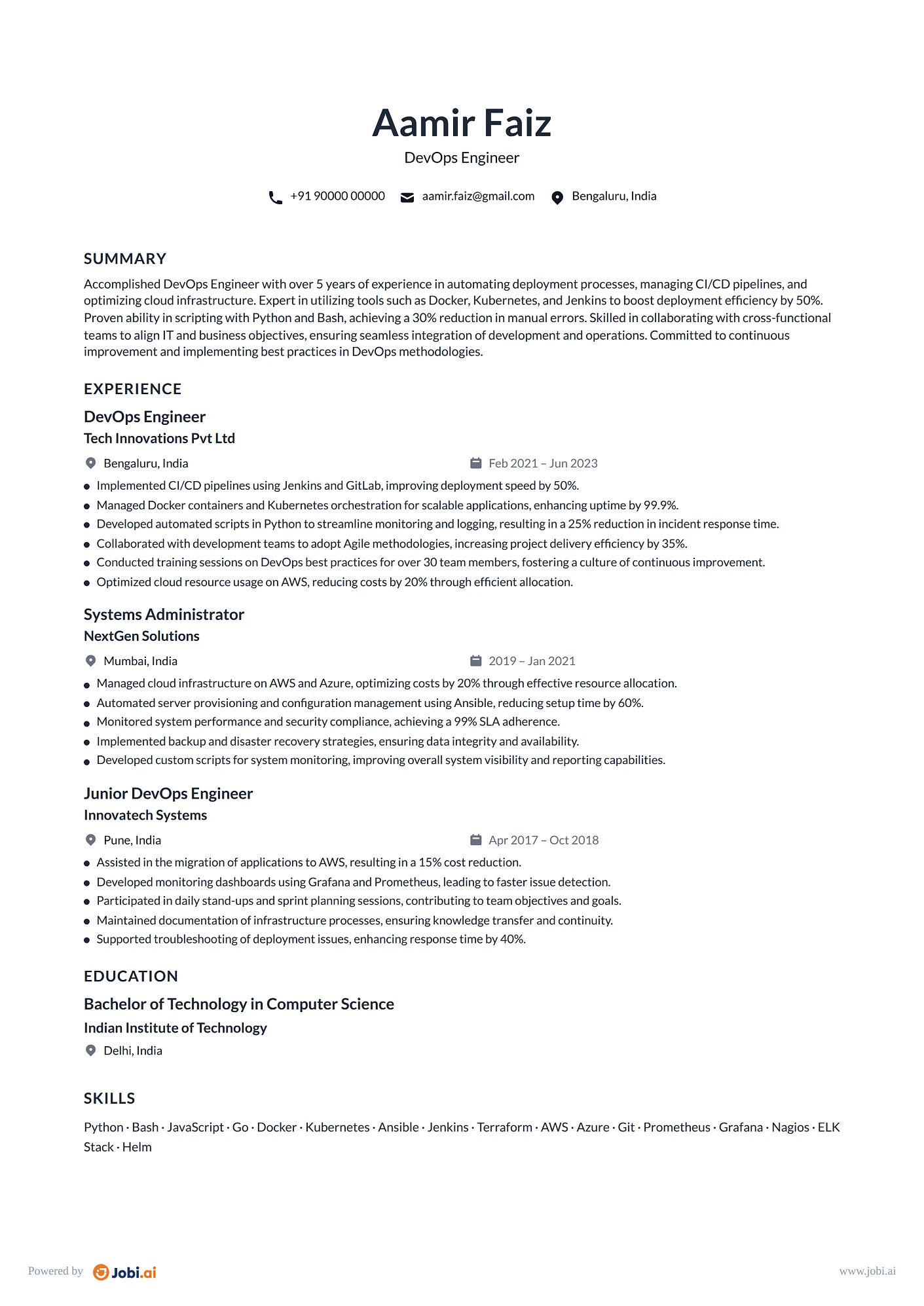 Senior Software Engineer resume example — DevOps Engineer