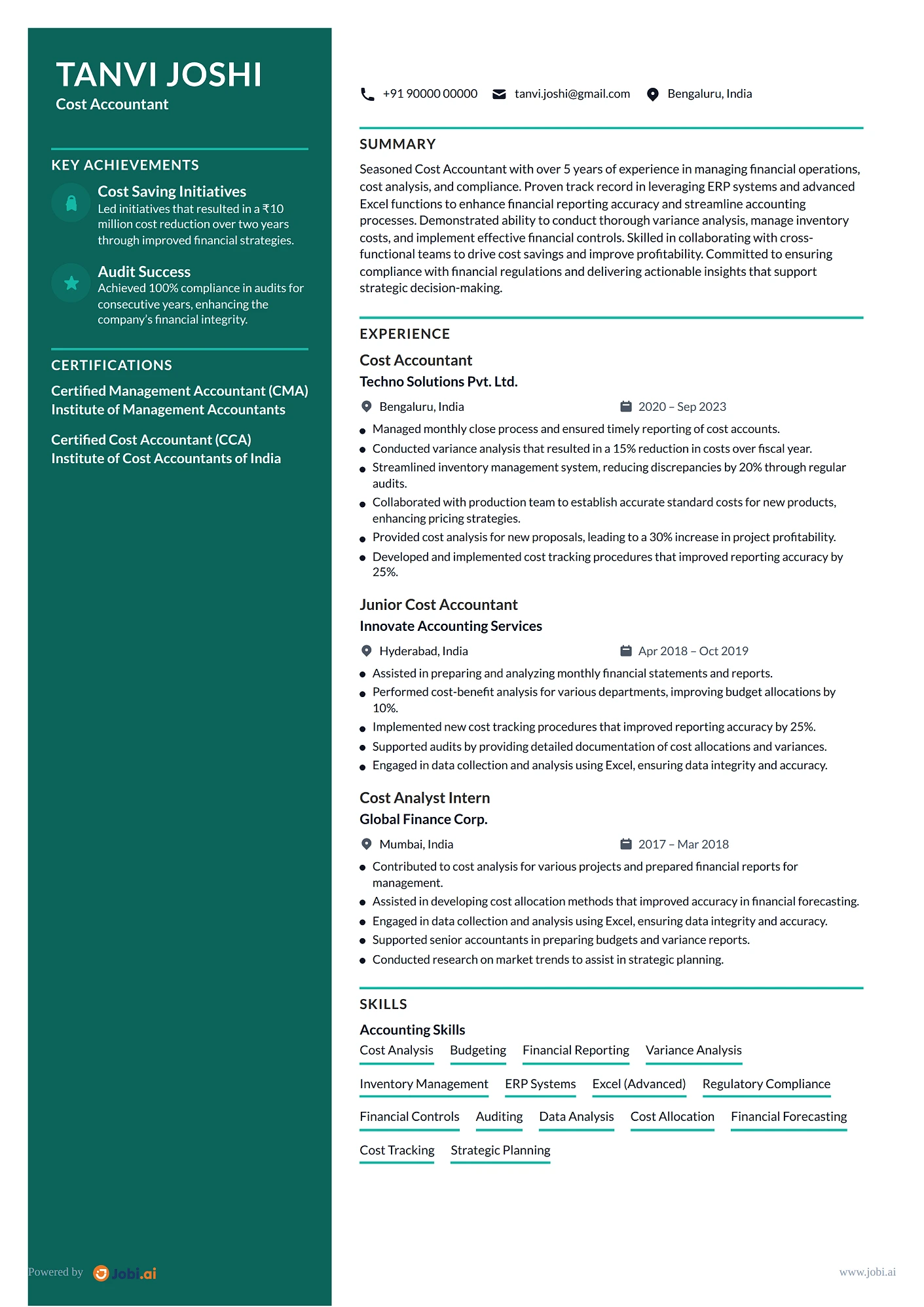 Accountant resume example — Cost Accountant