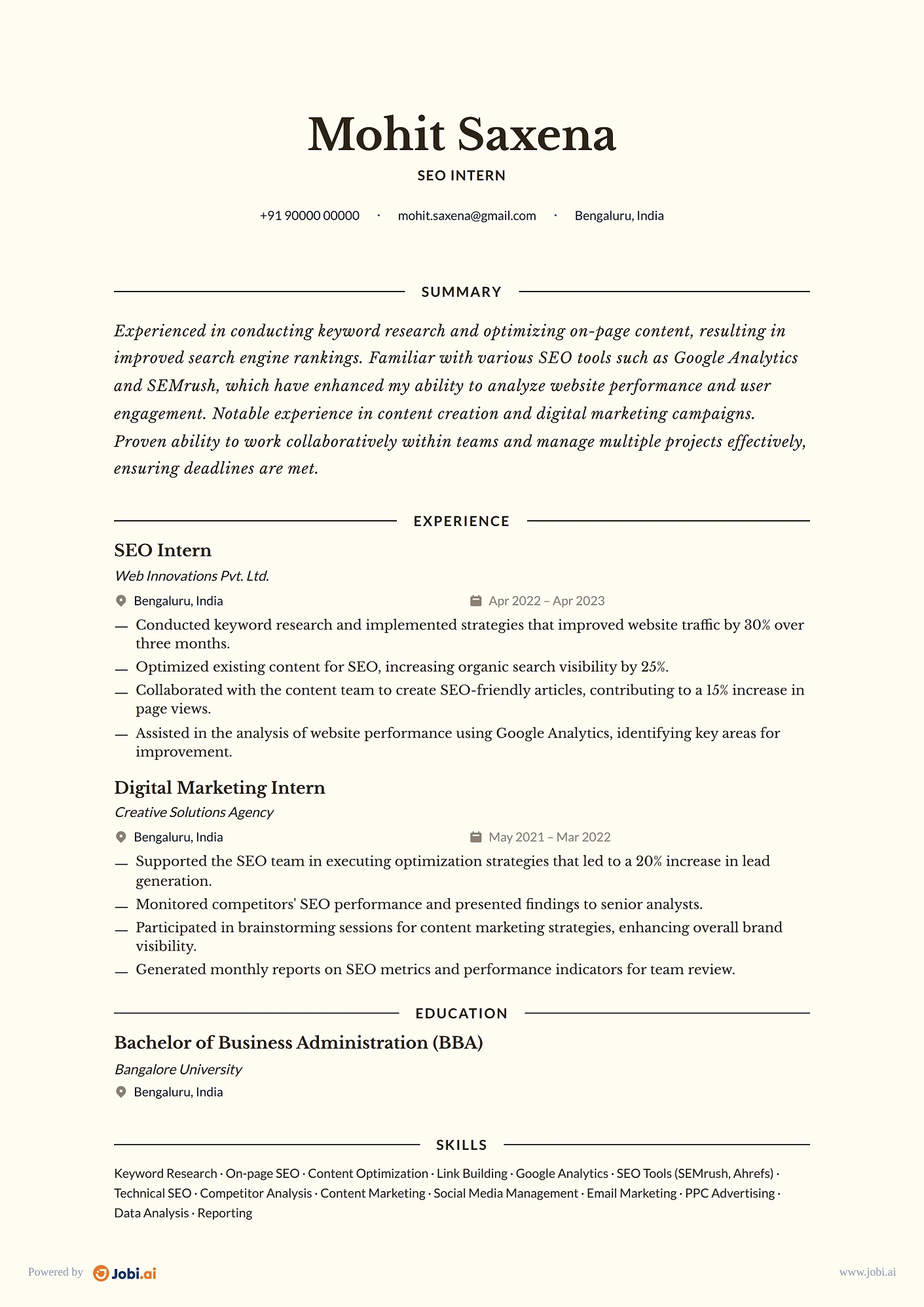 SEO Specialist resume example