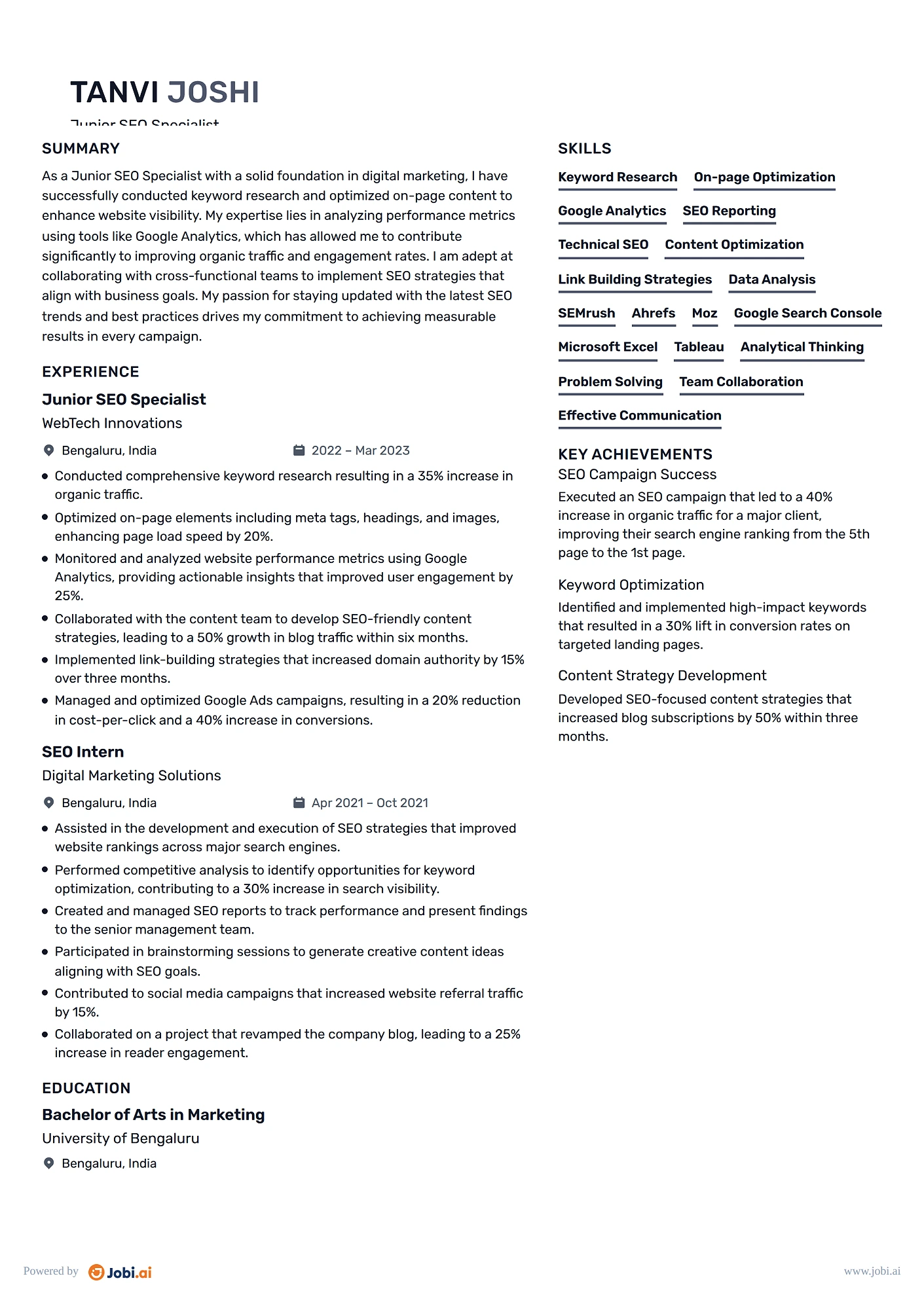 SEO Specialist resume example — Junior SEO Specialist