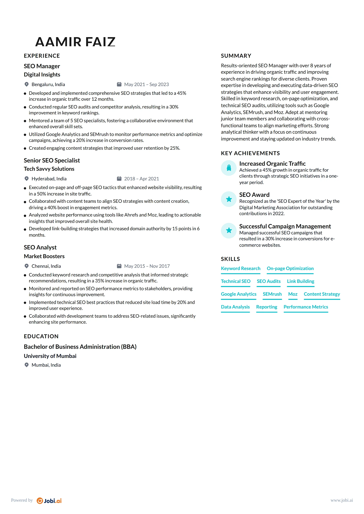 SEO Specialist resume example — SEO Manager
