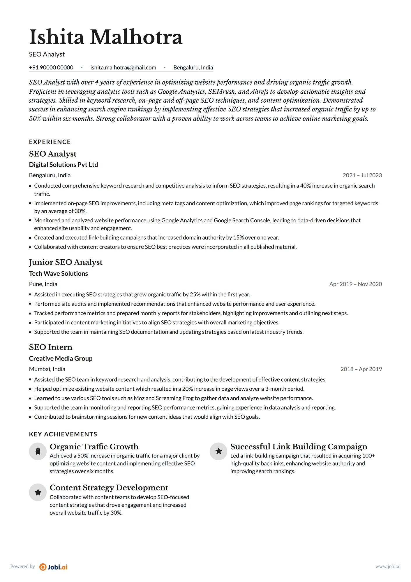 SEO Specialist resume example — SEO Analyst