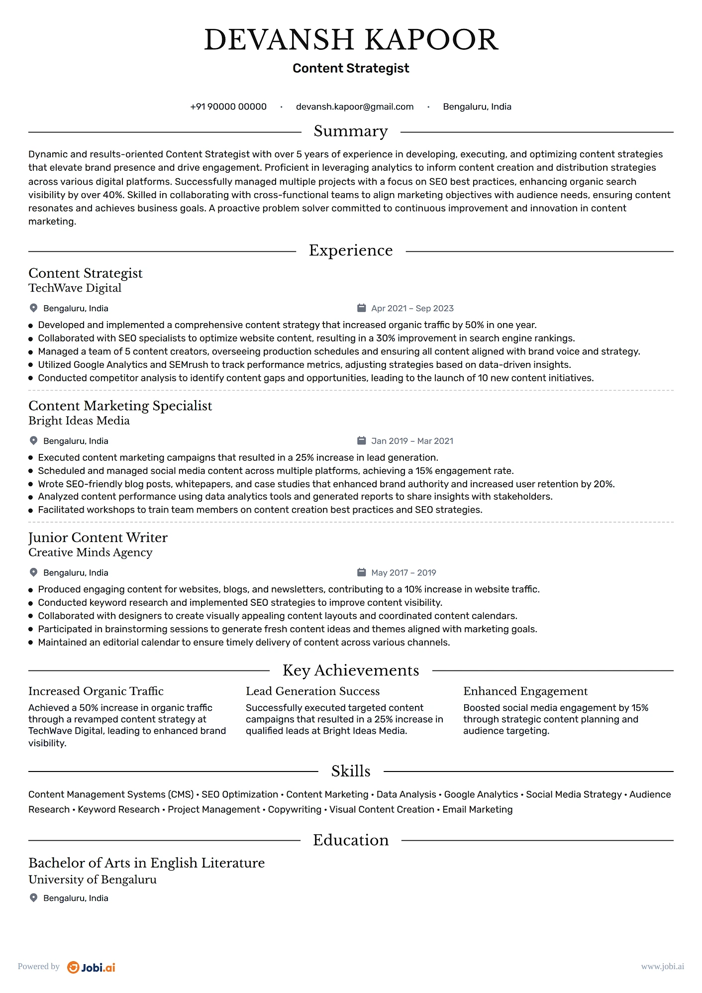 SEO Specialist resume example — Content Strategist