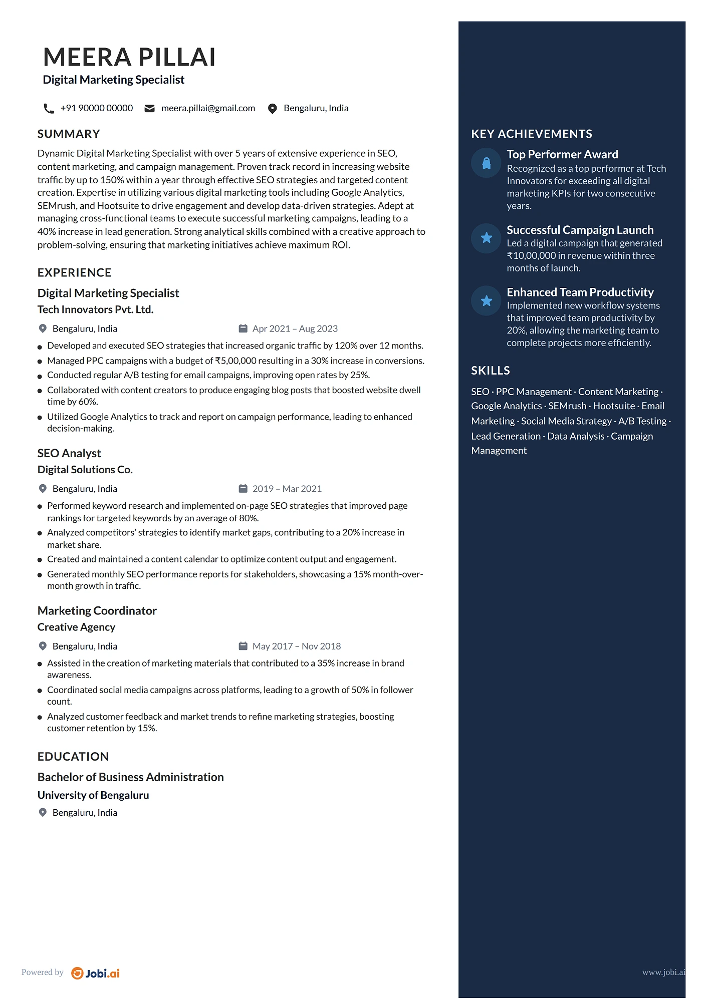 SEO Specialist resume example — Digital Marketing Specialist