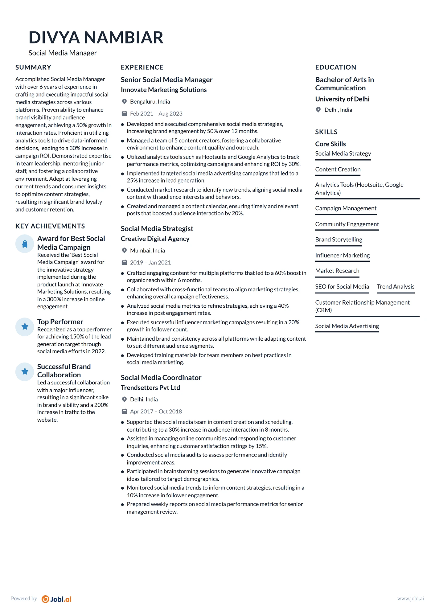 SEO Specialist resume example — Social Media Manager
