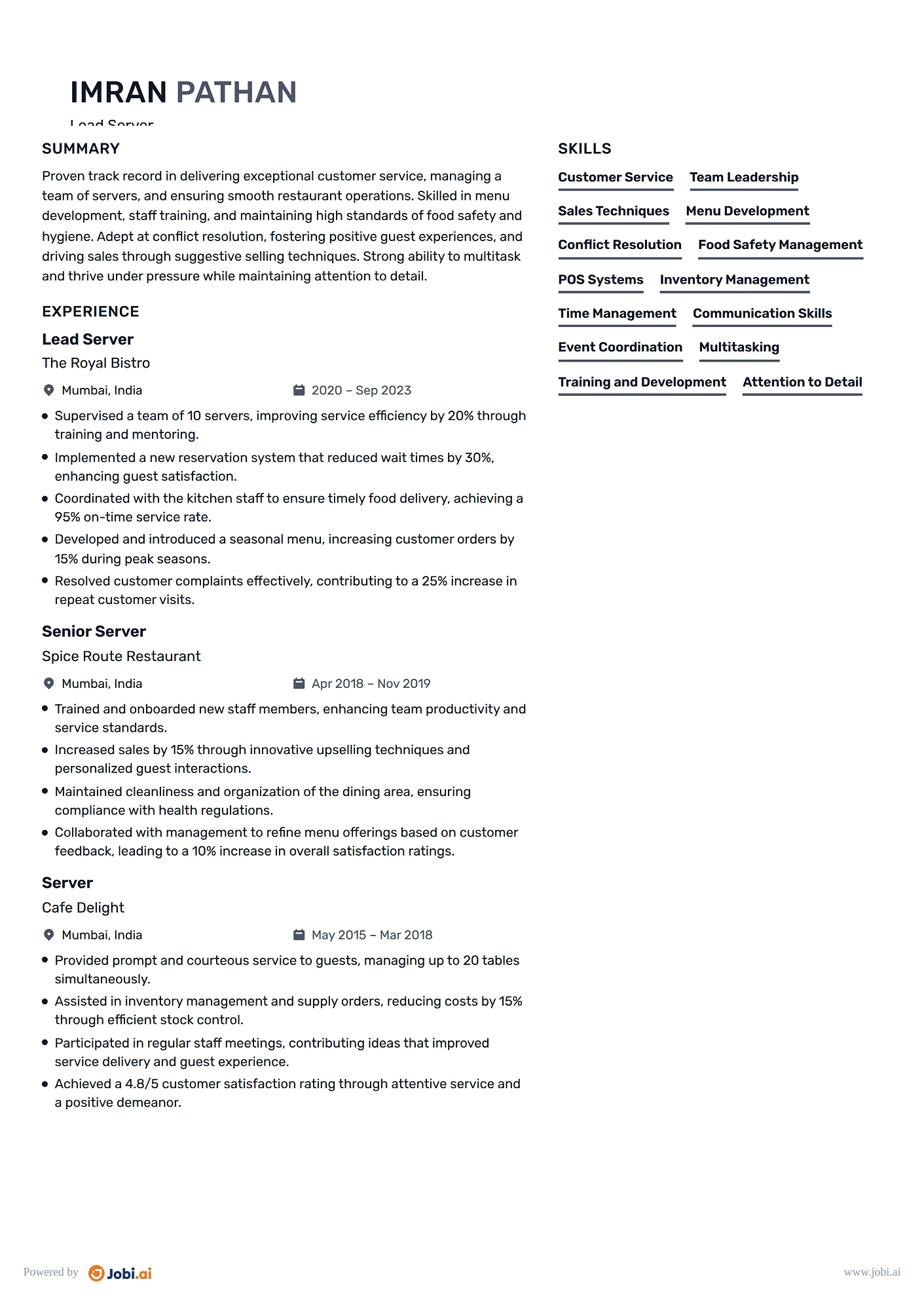 Server resume example — Lead Server