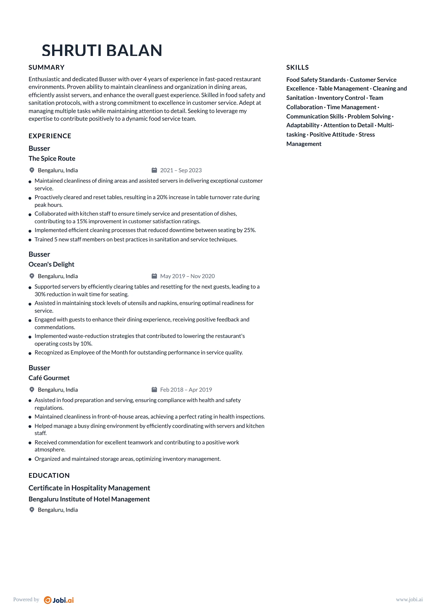 Server resume example — Busser