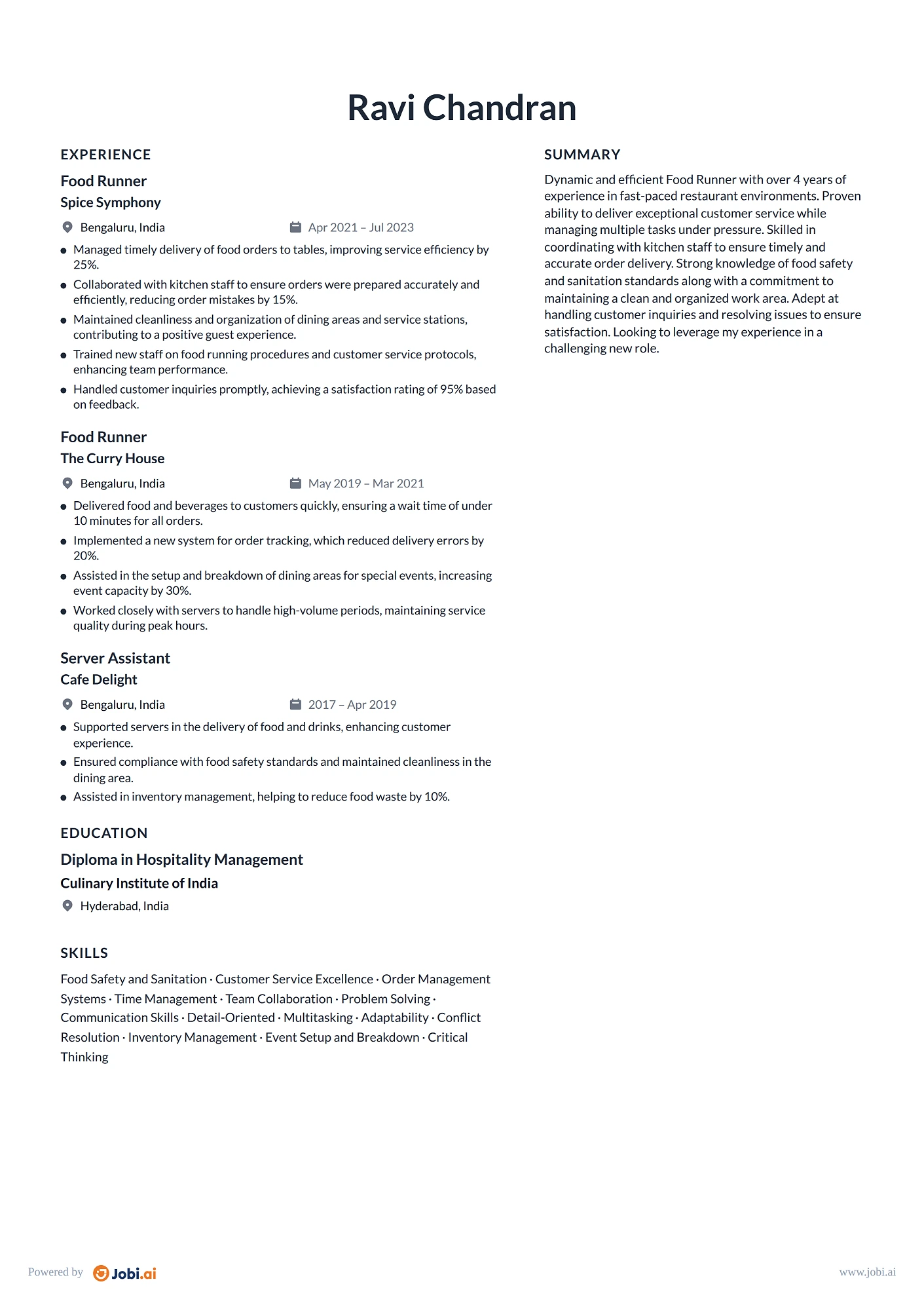 Server resume example — Food Runner