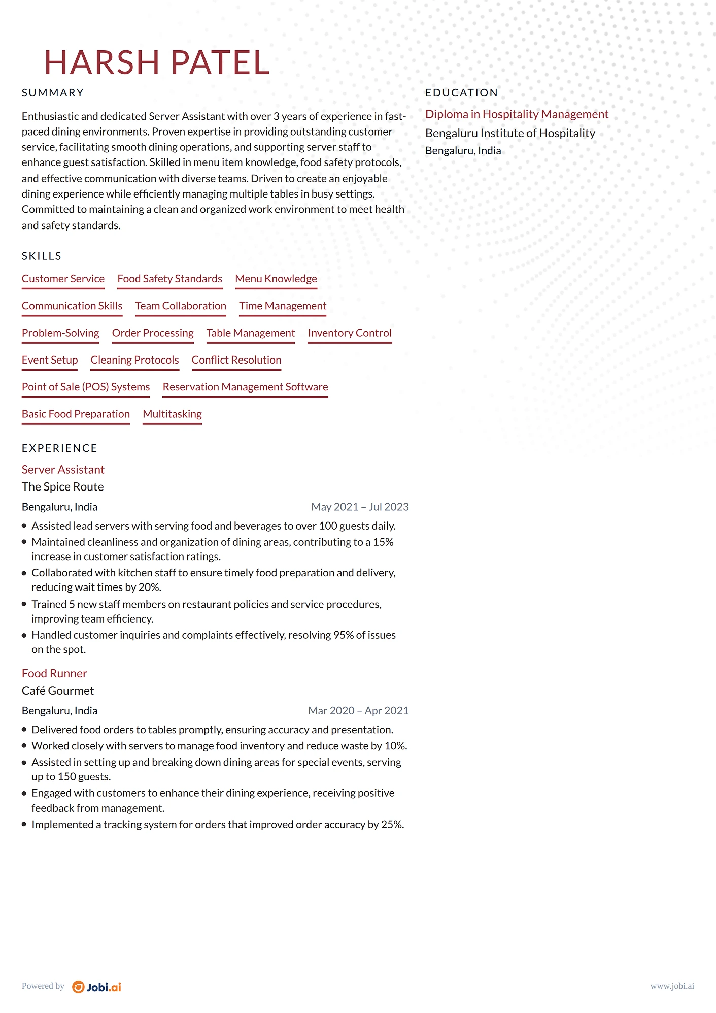Server resume example — Server Assistant