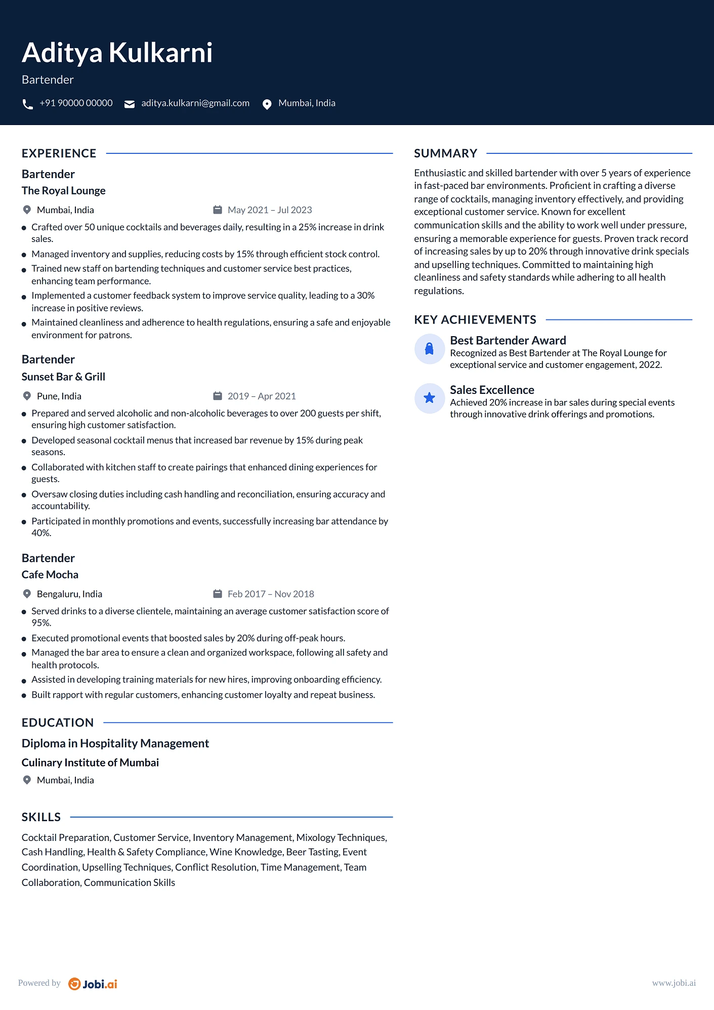 Server resume example — Bartender