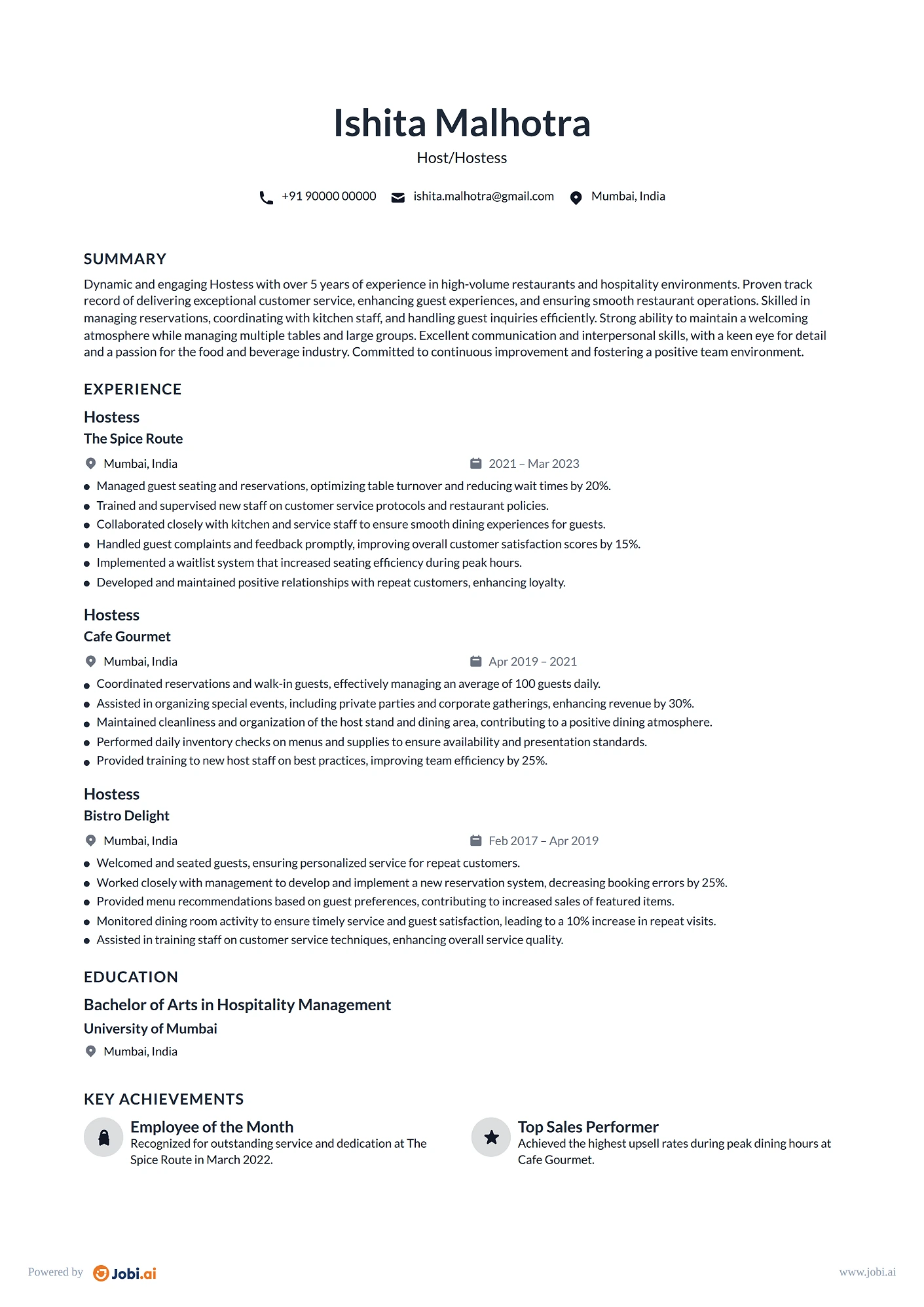 Server resume example — Host/Hostess