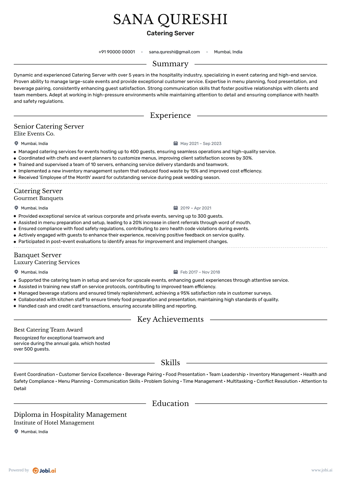 Server resume example — Catering Server
