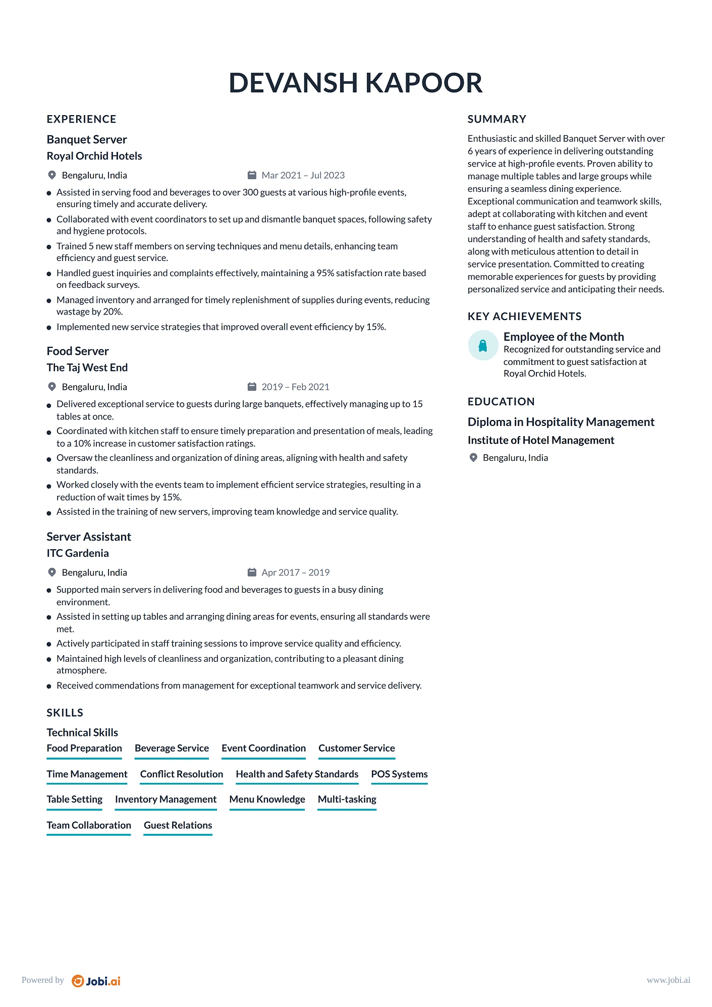 Server resume example — Banquet Server