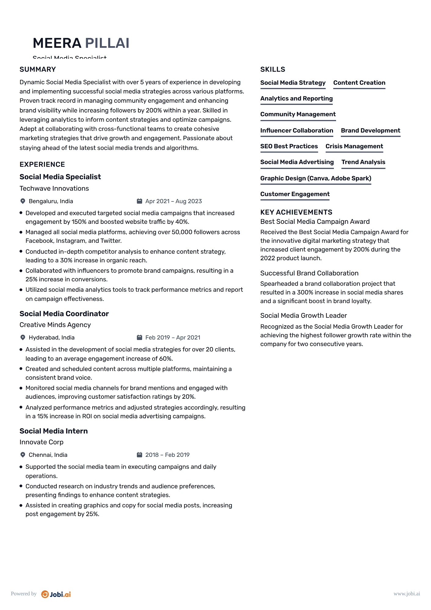 Social Media Manager resume example — Social Media Specialist