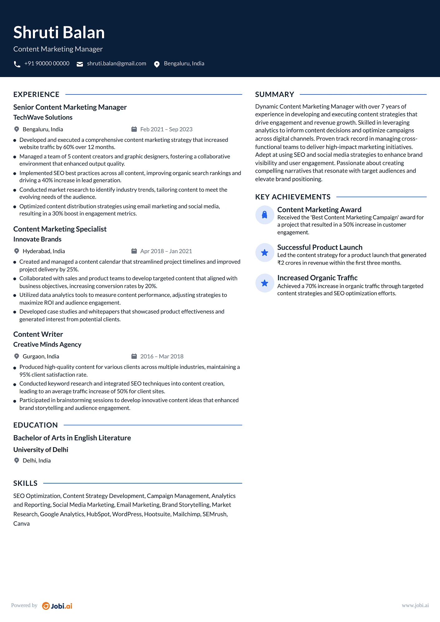 Social Media Manager resume example — Content Marketing Manager