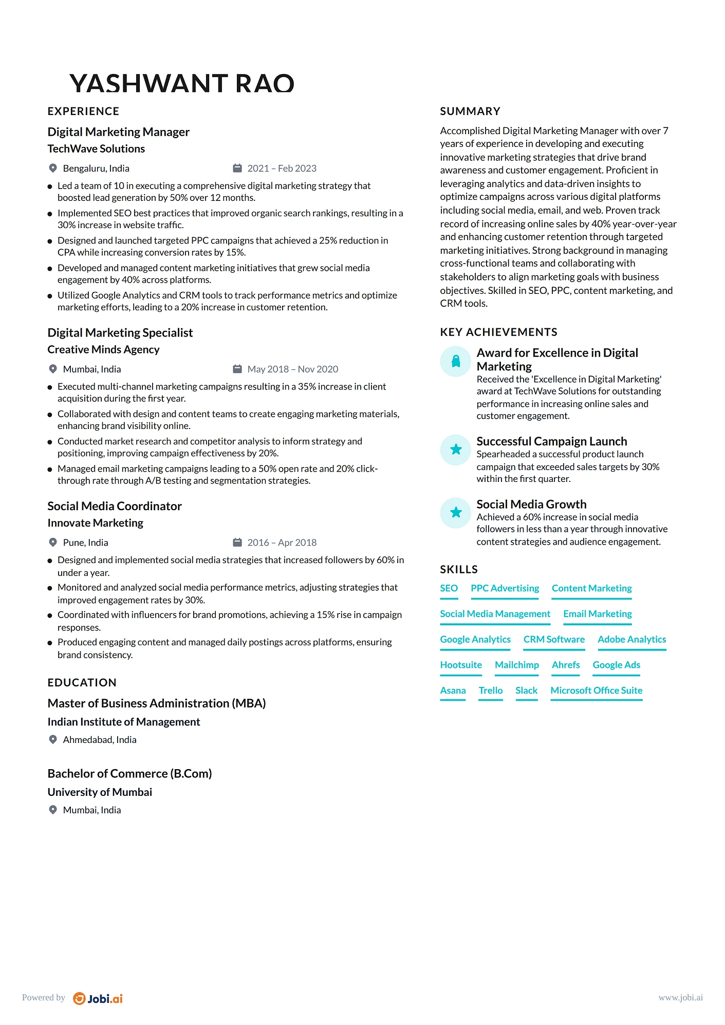 Social Media Manager resume example — Digital Marketing Manager