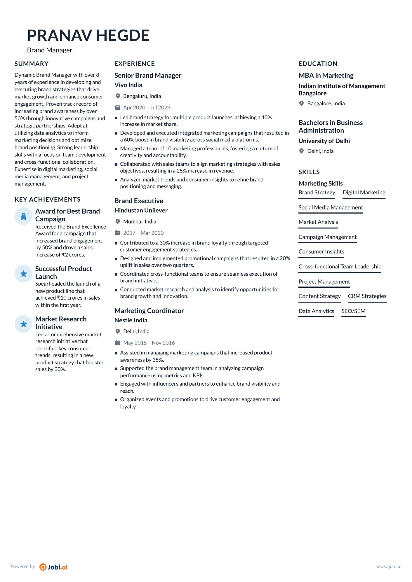 Social Media Manager resume example — Brand Manager