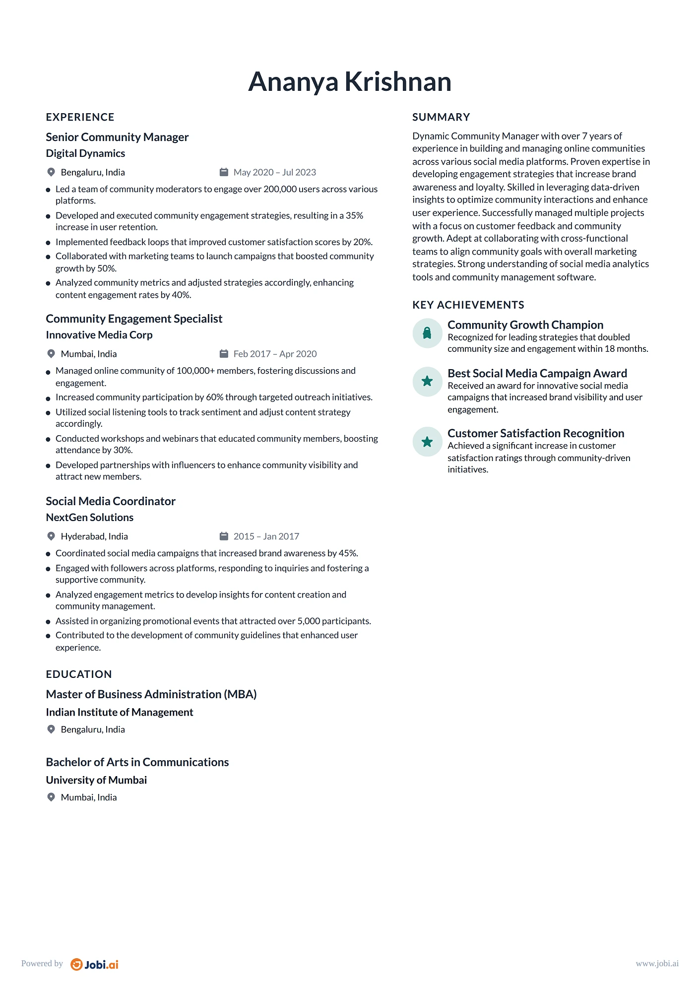 Social Media Manager resume example — Community Manager