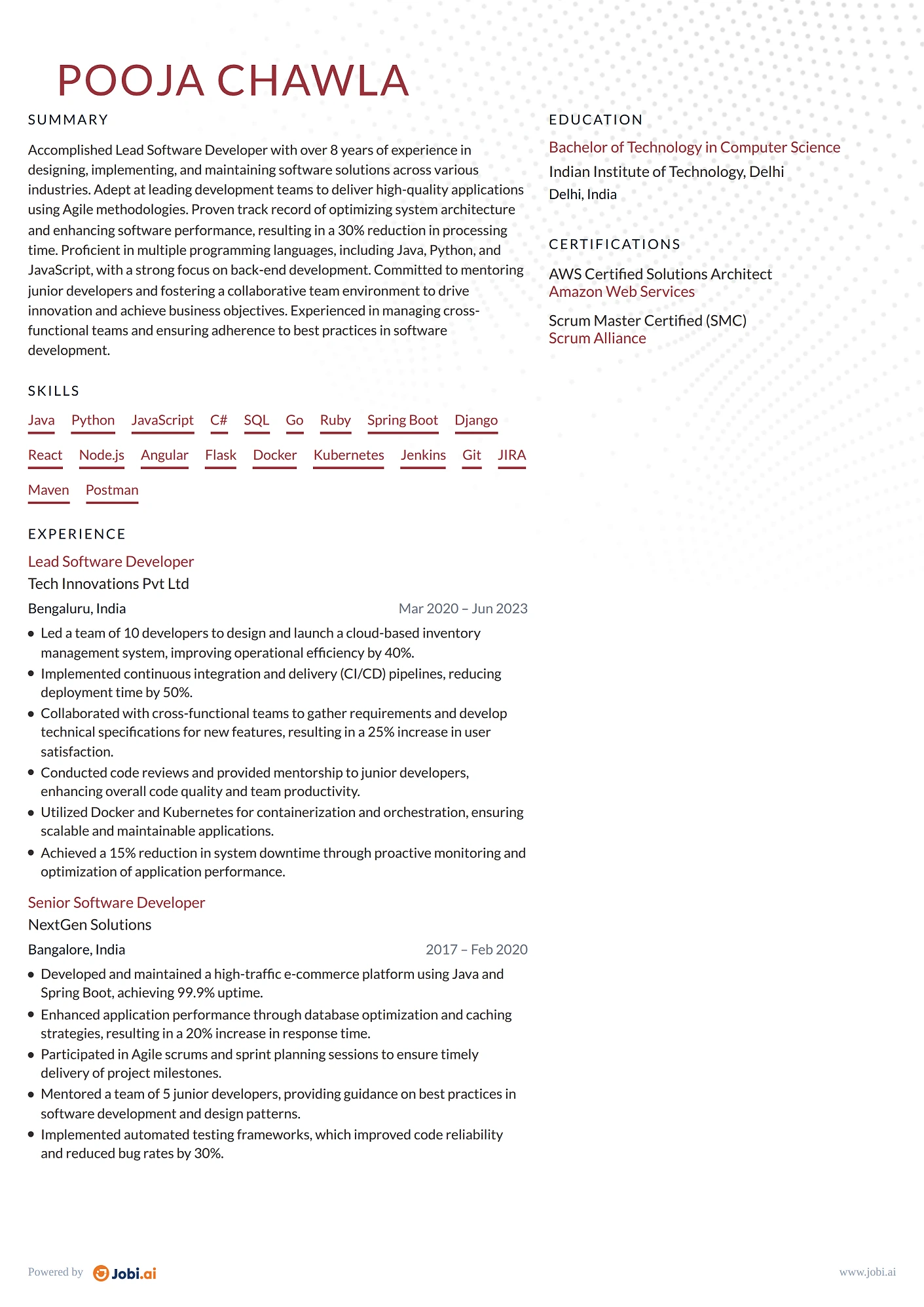 Software Developer resume example — Lead Software Developer