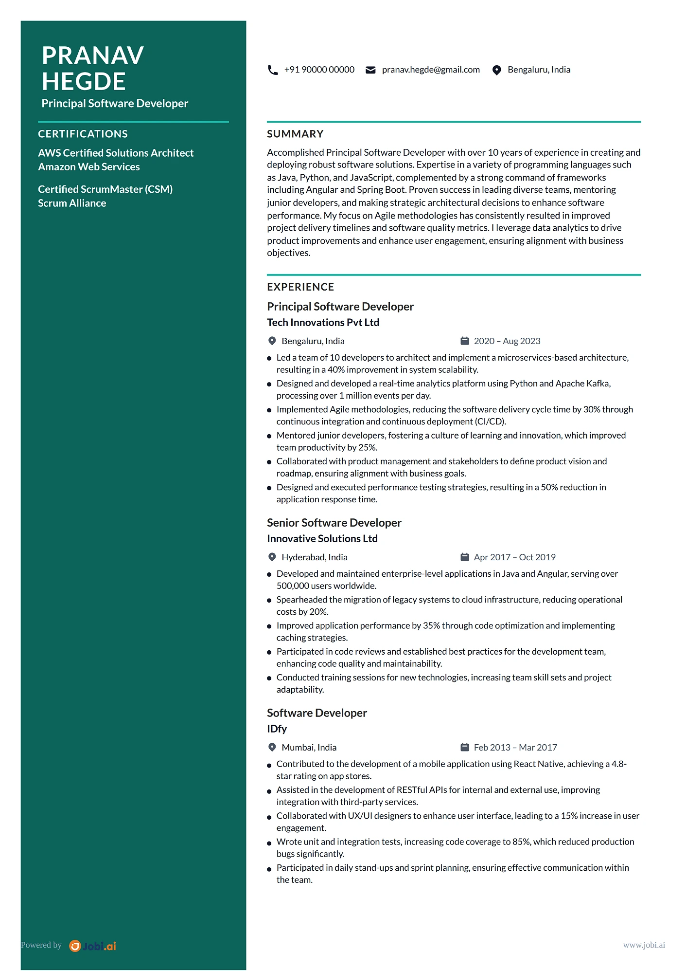 Software Developer resume example — Principal Software Developer