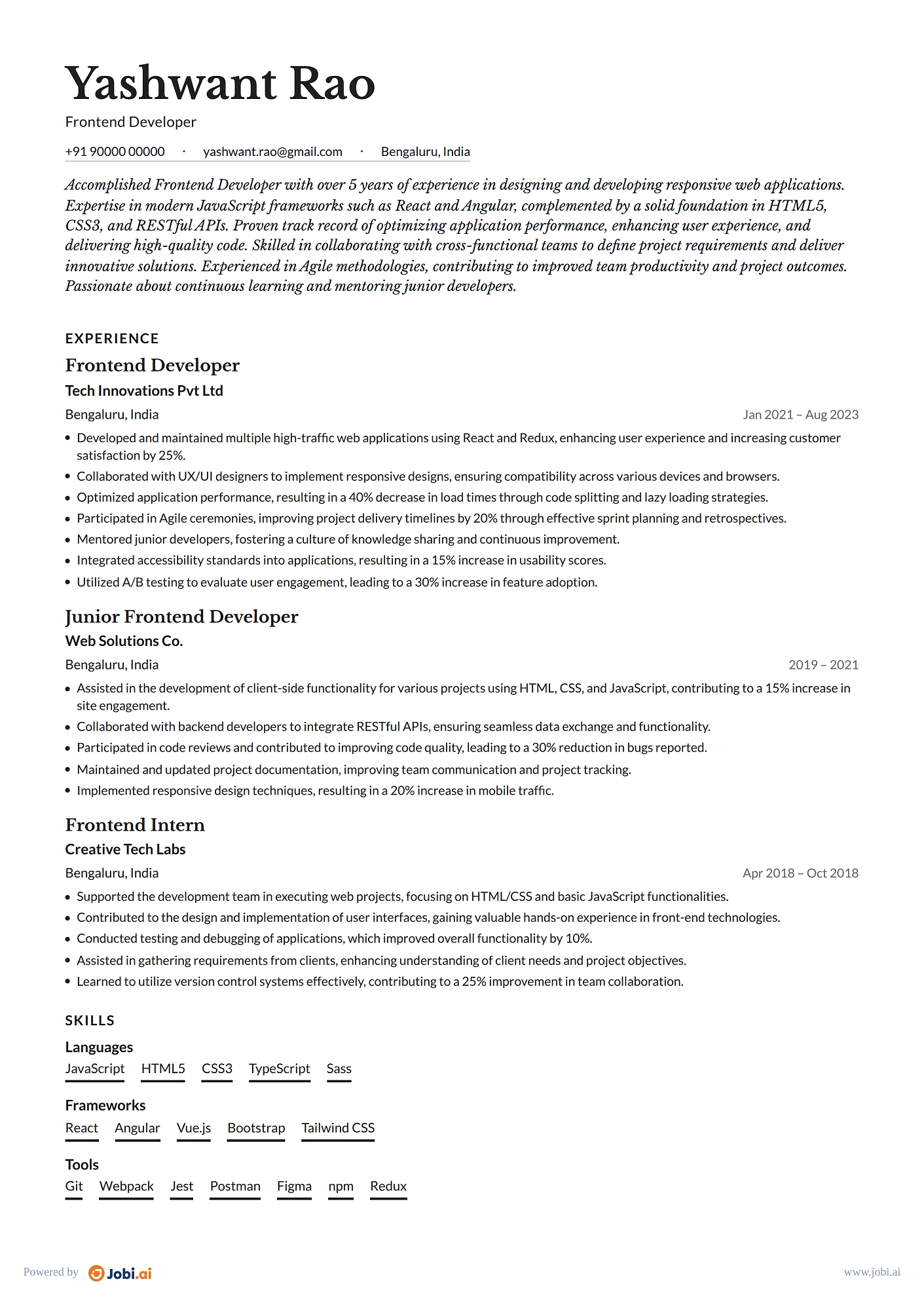 Software Developer resume example — Frontend Developer