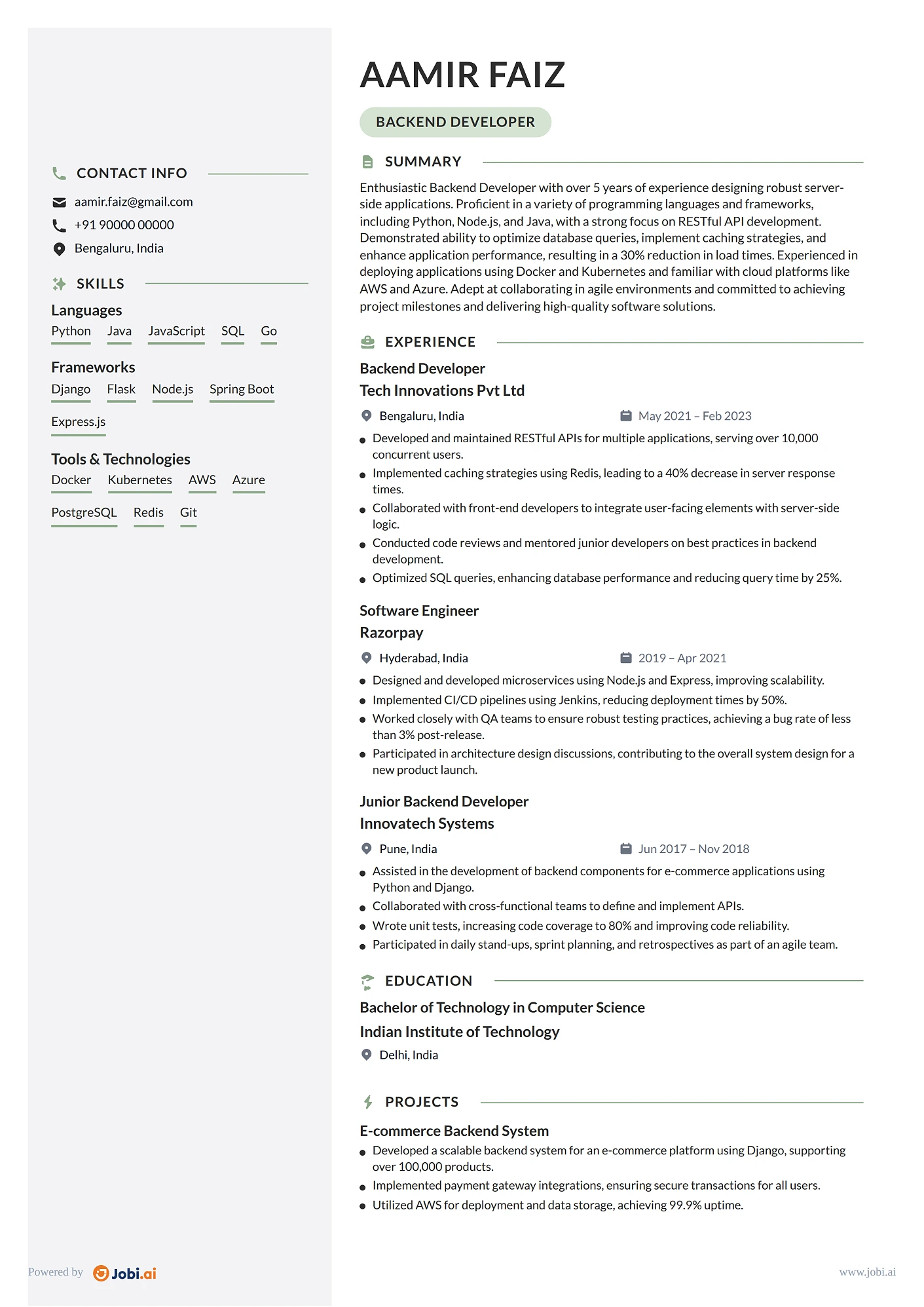 Software Developer resume example — Backend Developer