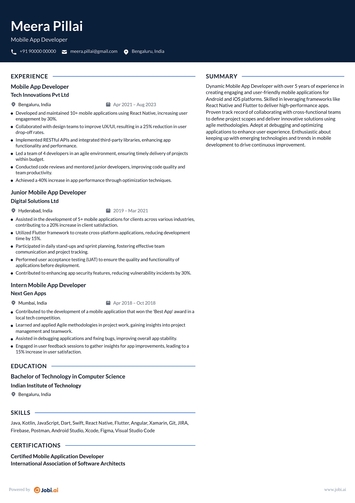 Software Developer resume example — Mobile App Developer