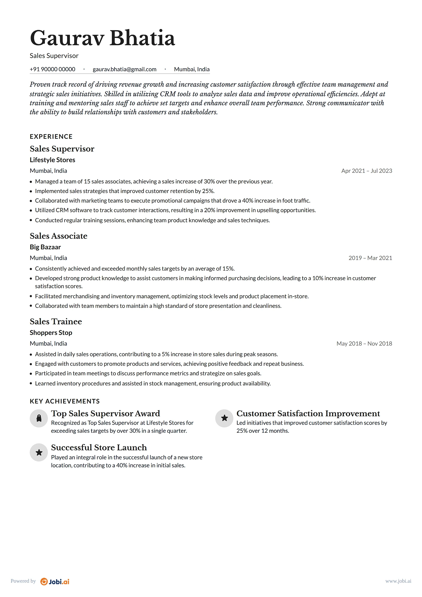 Store Manager resume example — Sales Supervisor