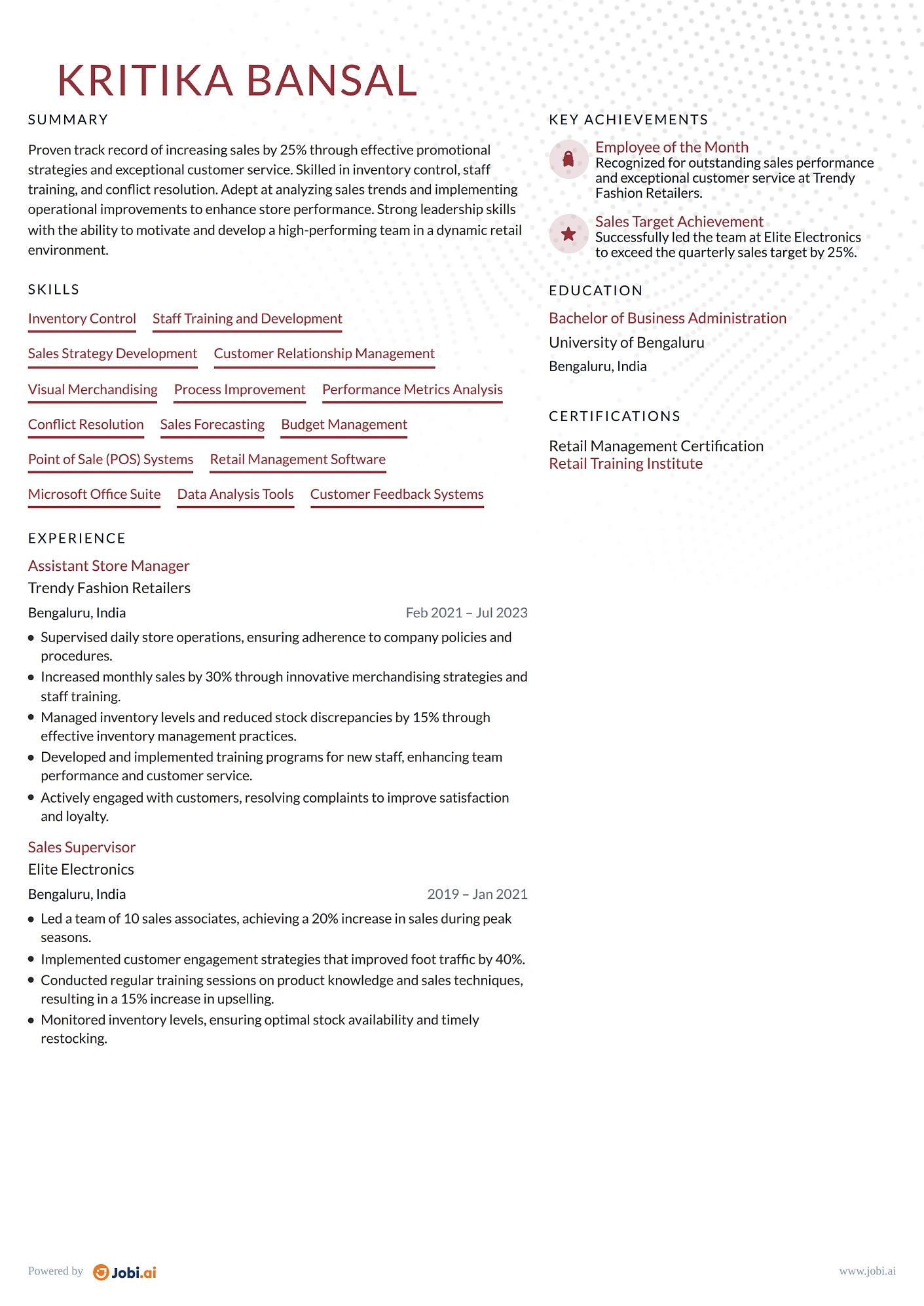 Store Manager resume example — Assistant Store Manager