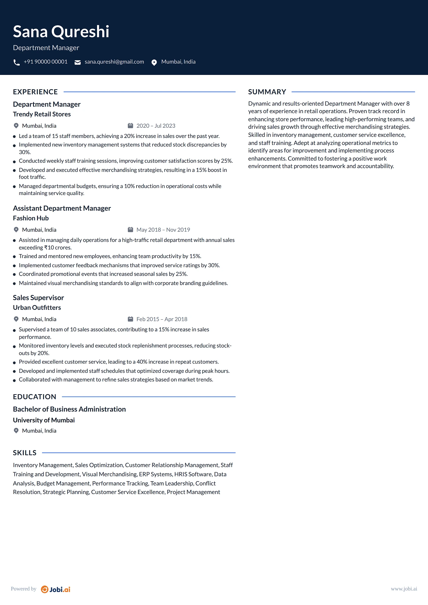 Store Manager resume example — Department Manager