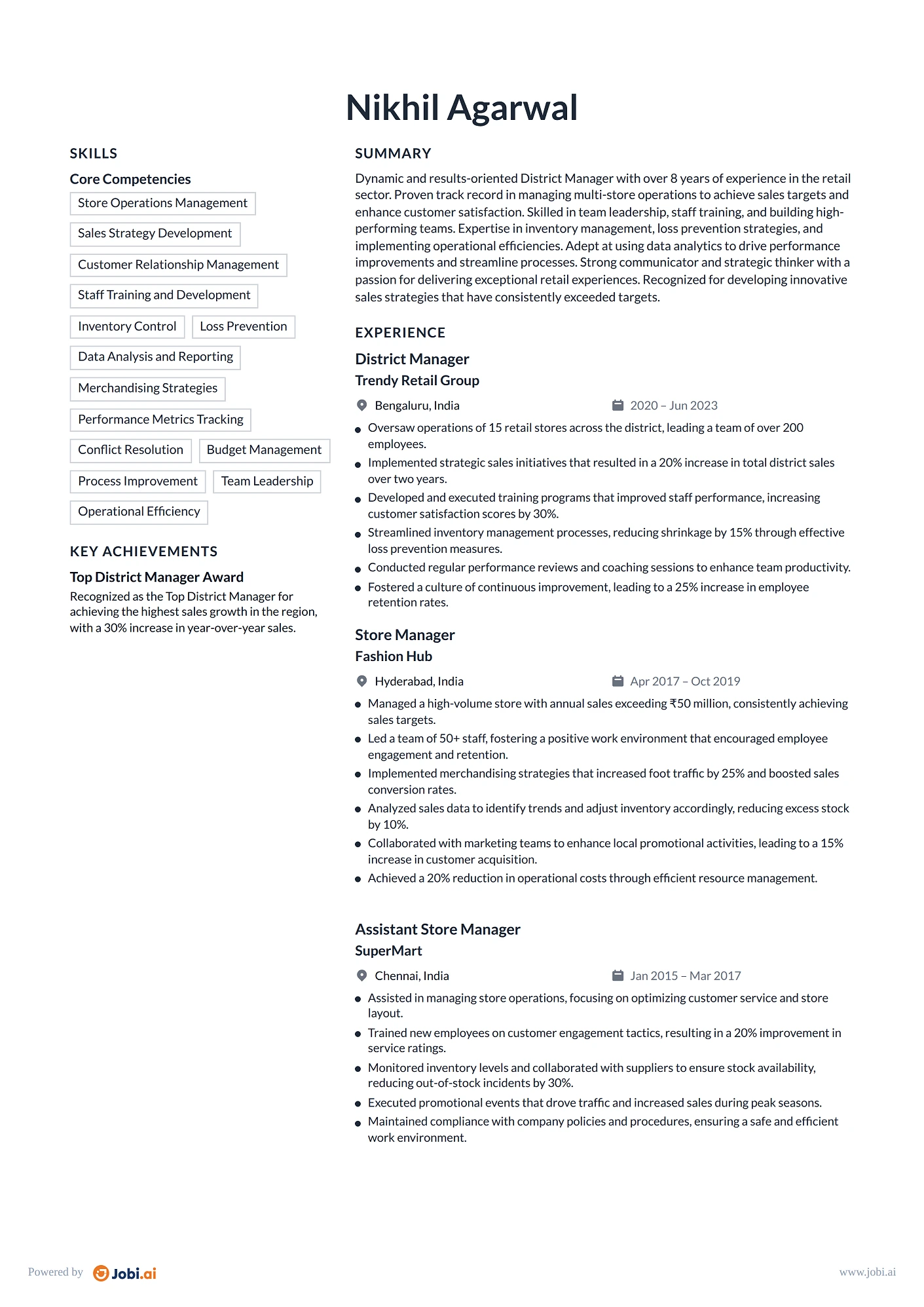 Store Manager resume example — District Manager