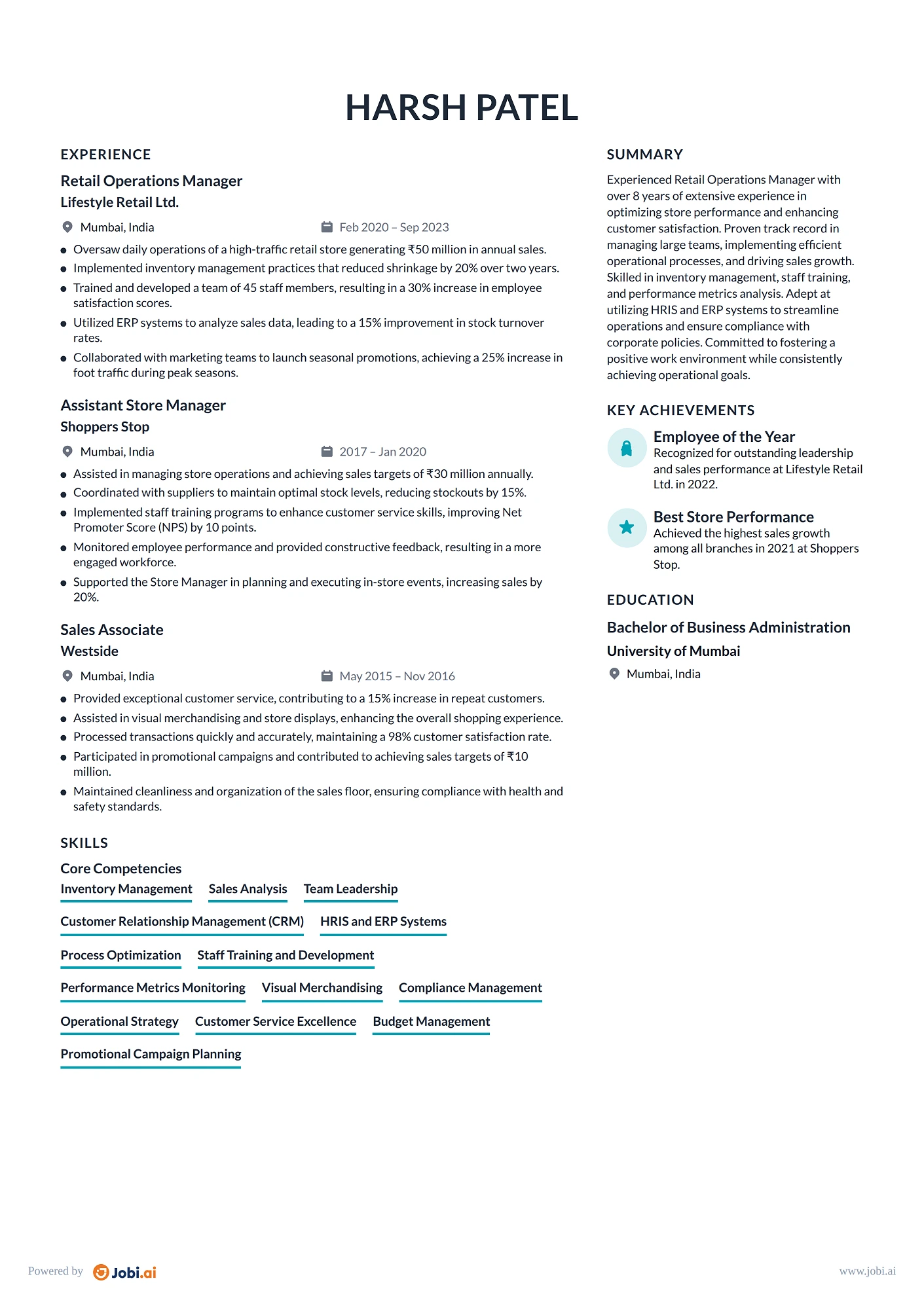 Store Manager resume example — Retail Operations Manager