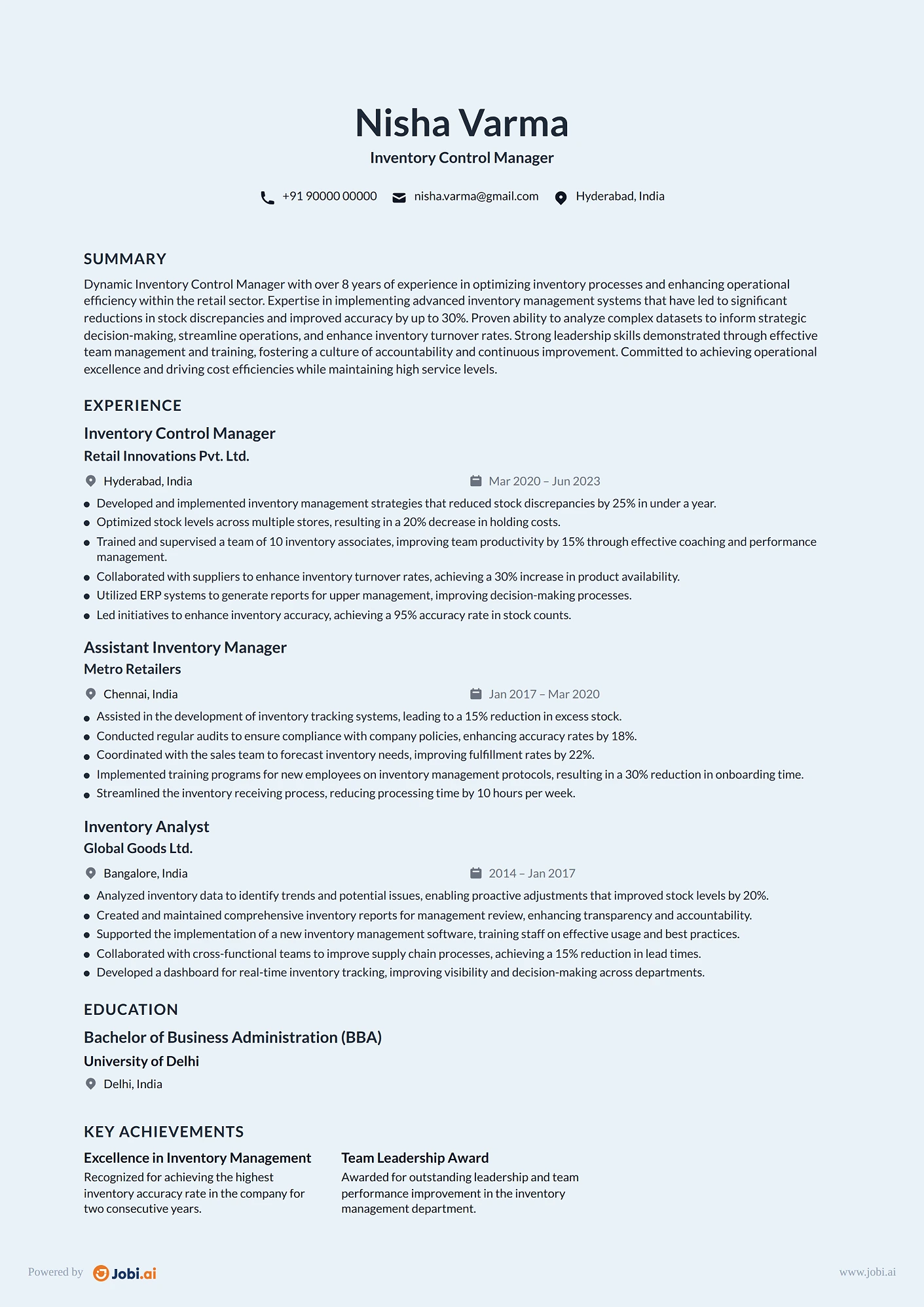 Store Manager resume example — Inventory Control Manager