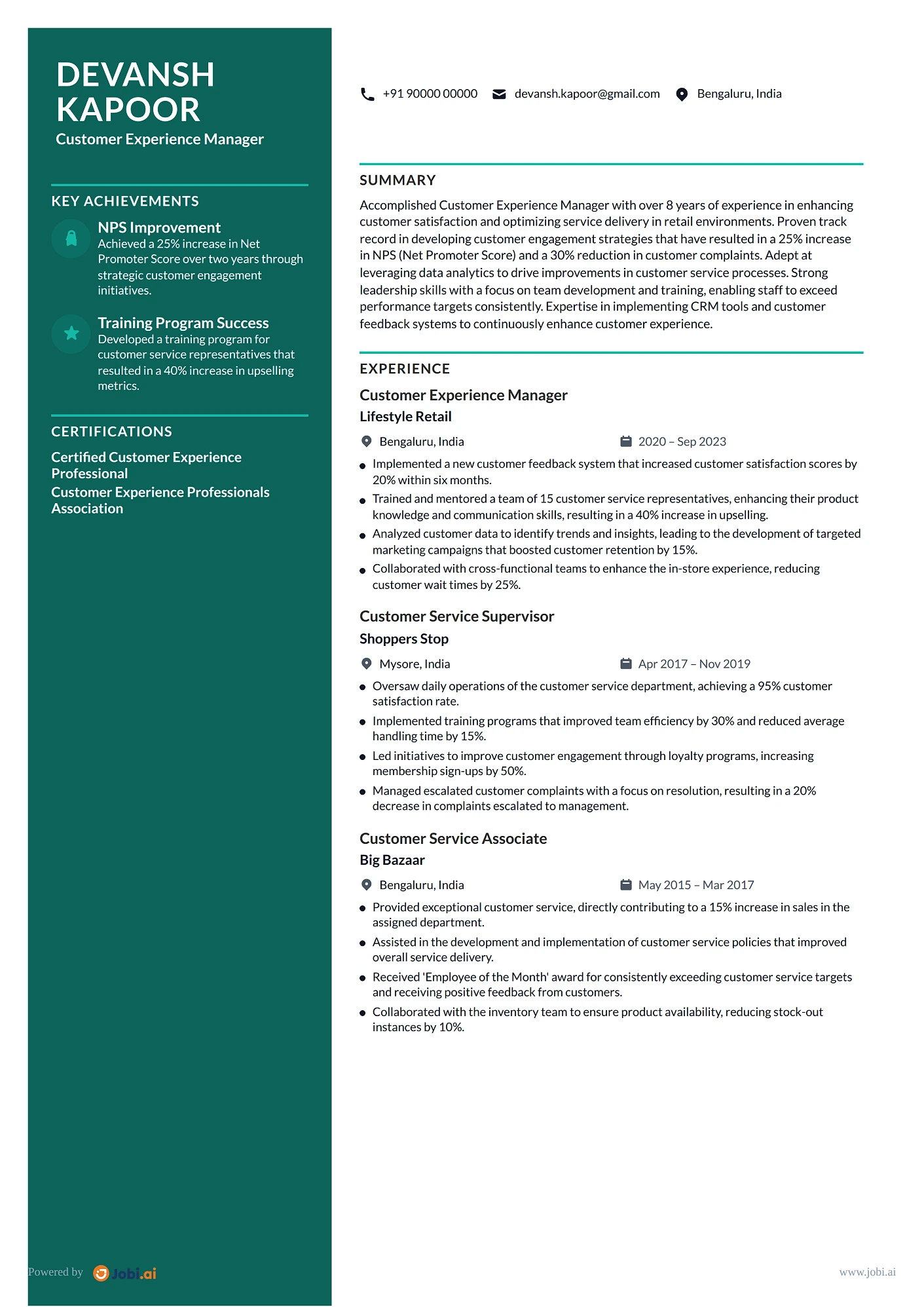 Store Manager resume example — Customer Experience Manager