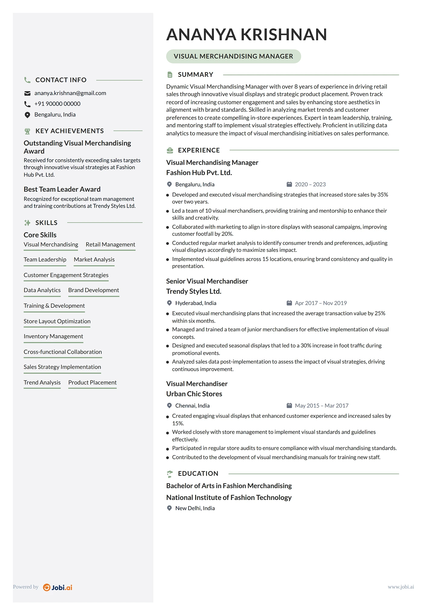 Store Manager resume example — Visual Merchandising Manager