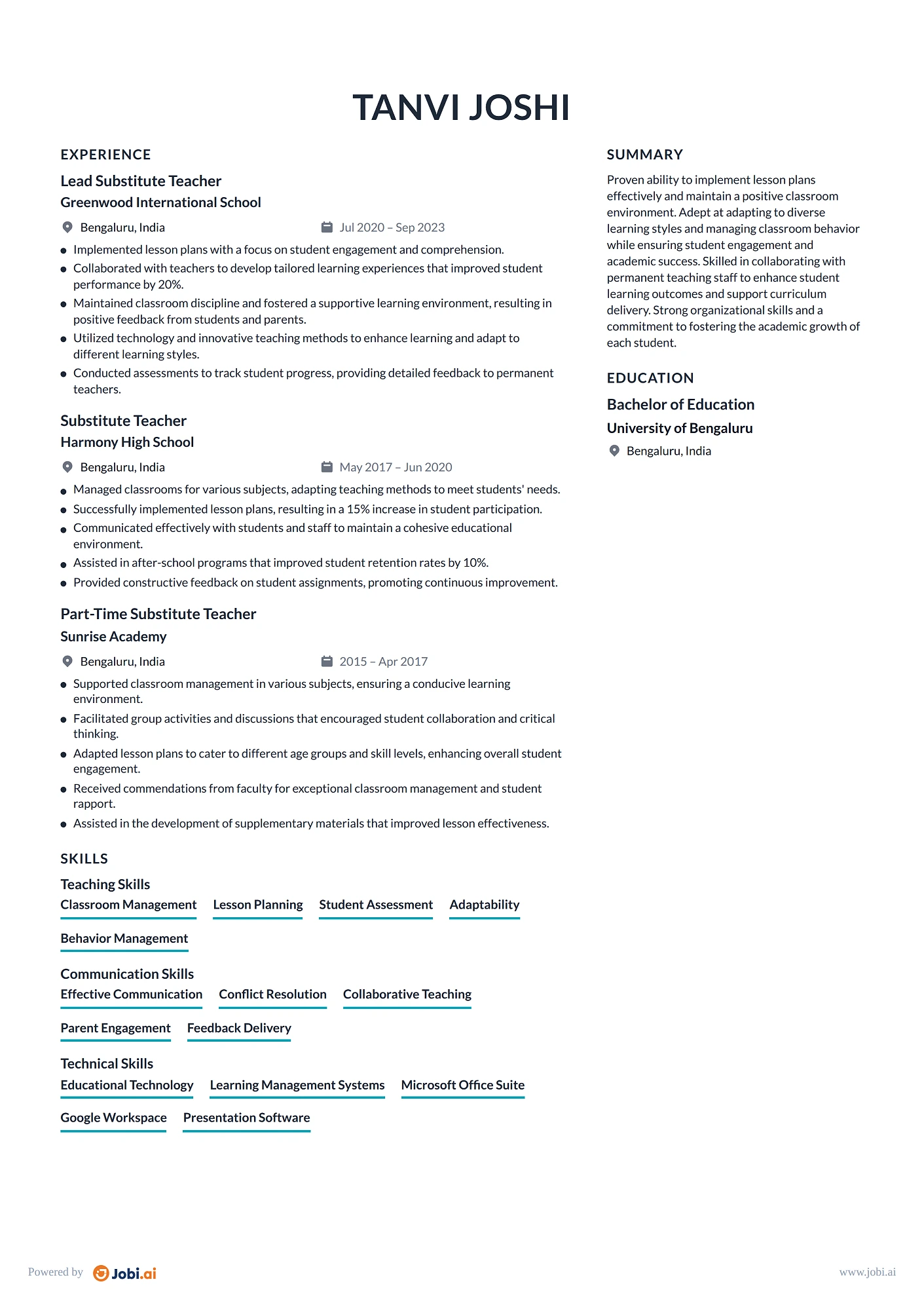 Substitute Teacher resume example — Lead Substitute Teacher