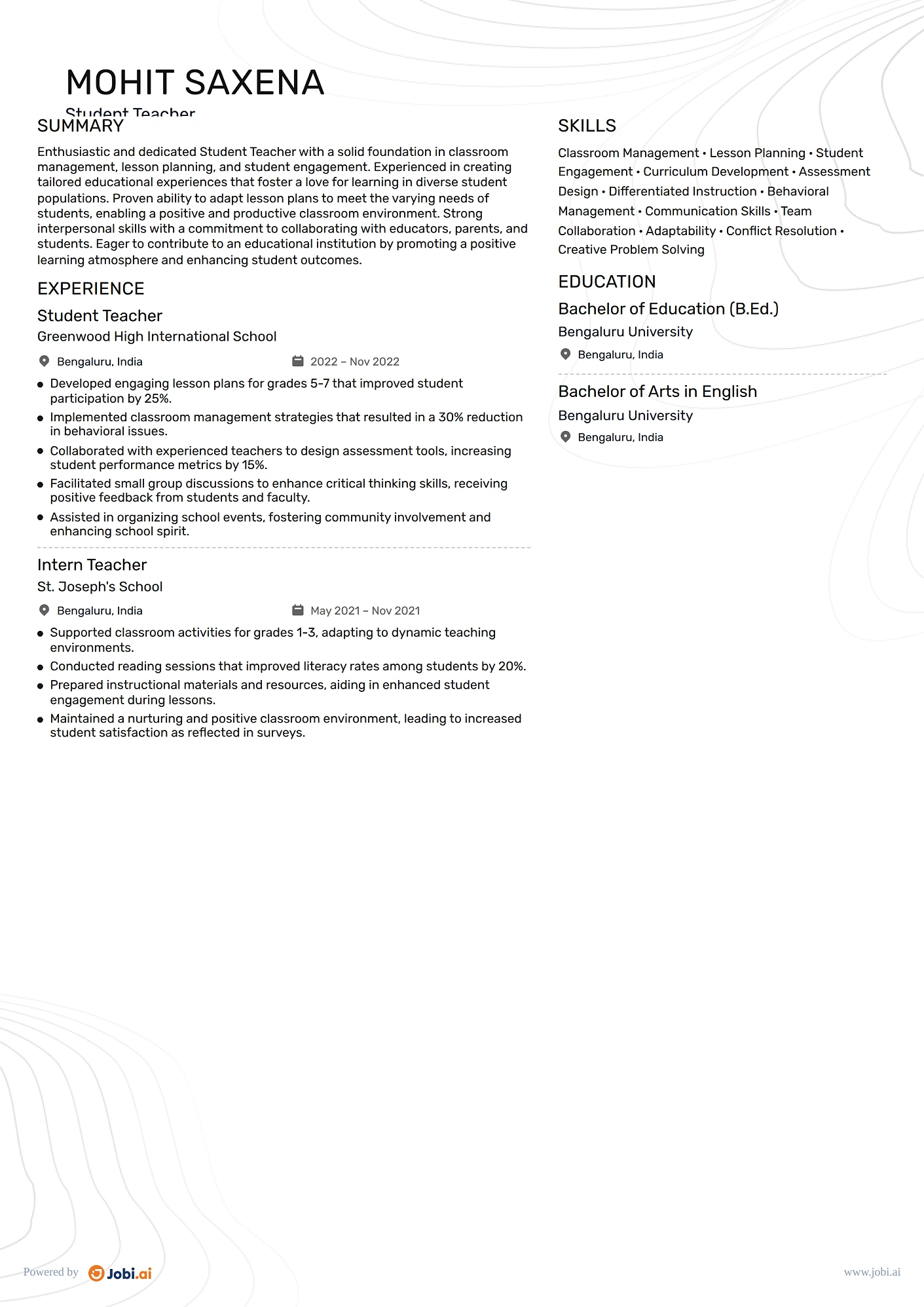 Substitute Teacher resume example — Student Teacher