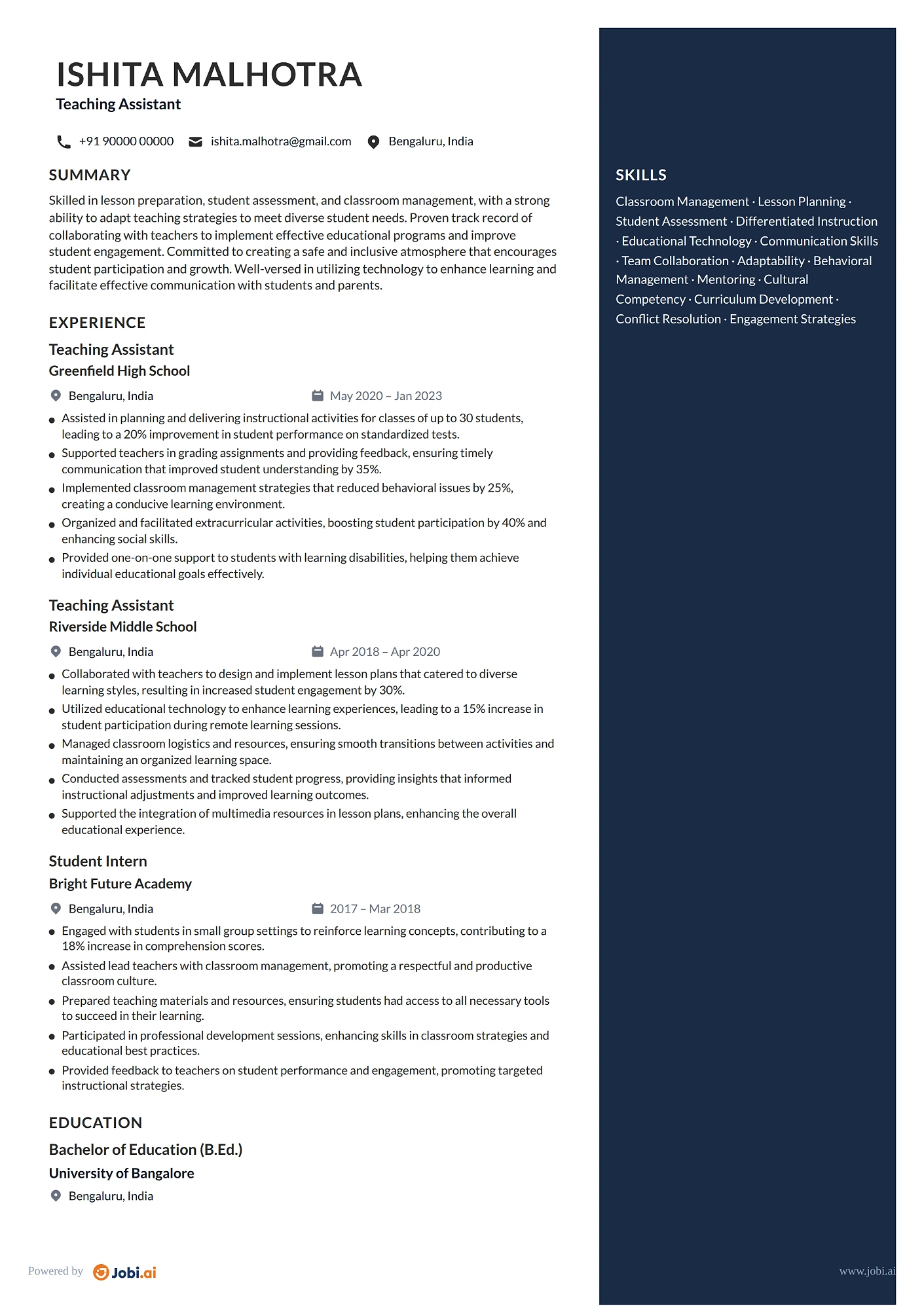 Substitute Teacher resume example — Teaching Assistant