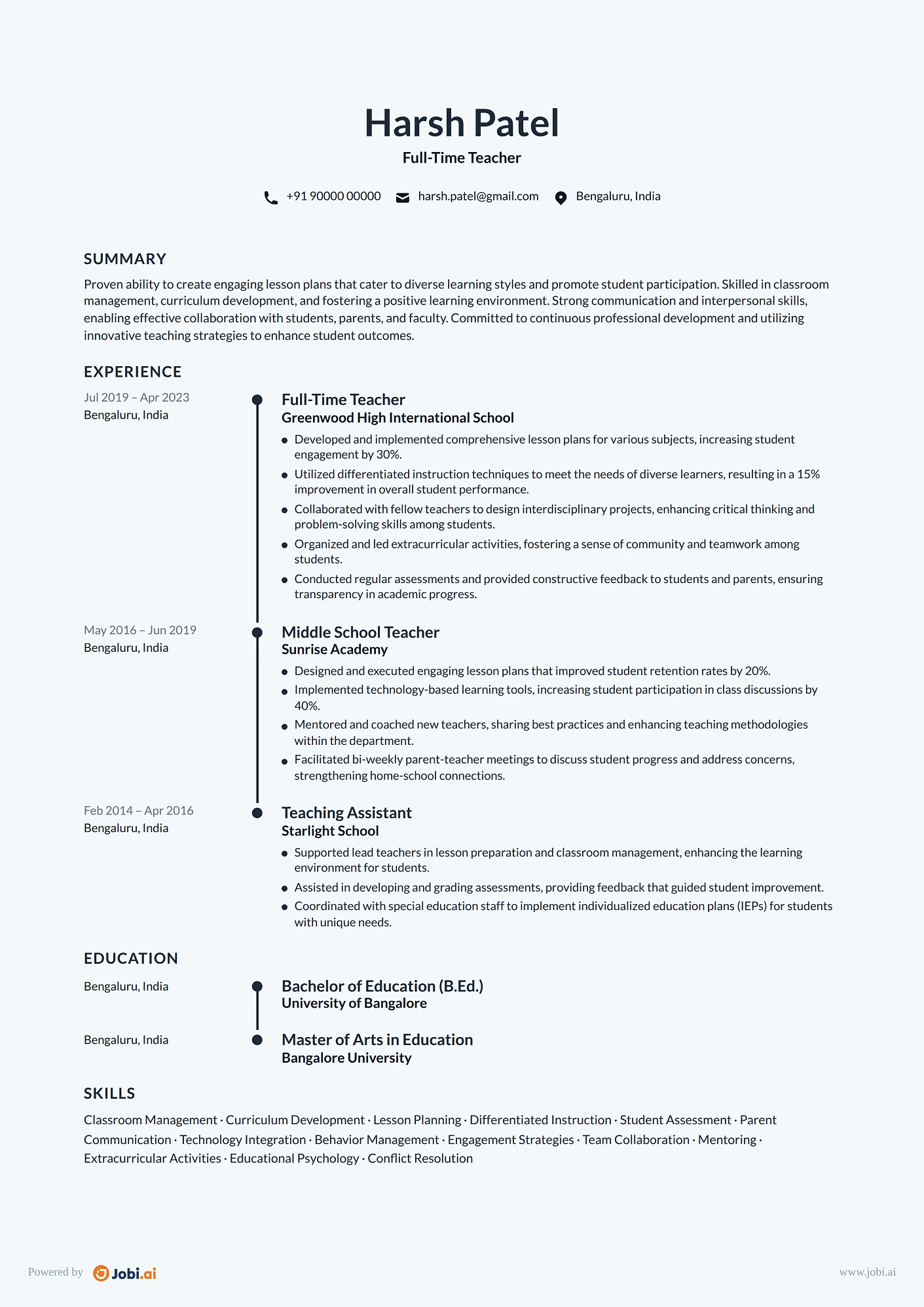 Substitute Teacher resume example — Full-Time Teacher