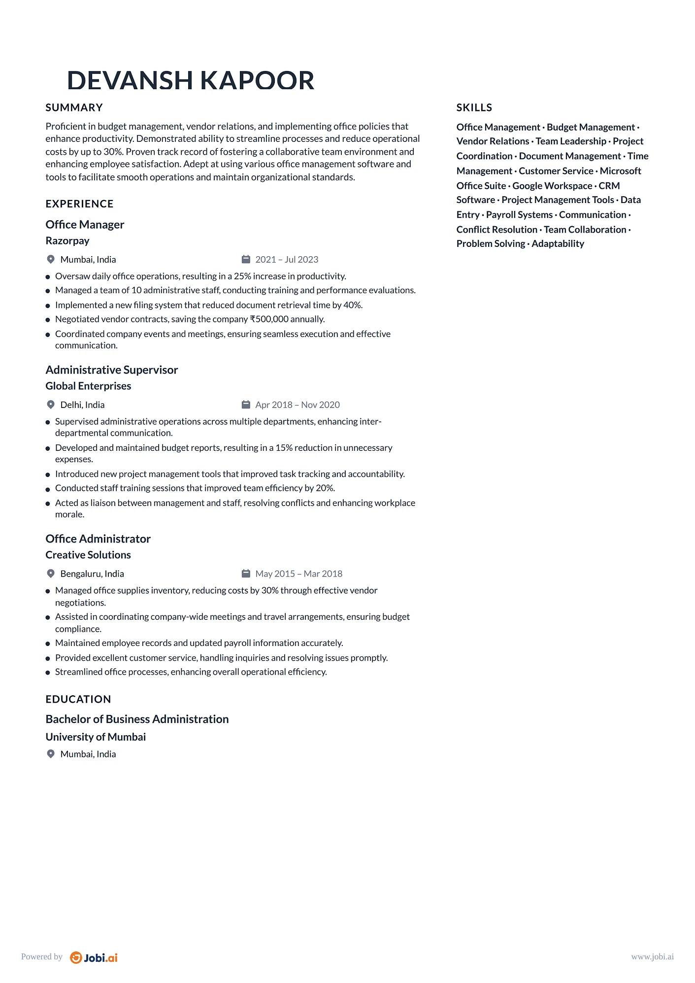 Administrative Assistant resume example — Office Manager